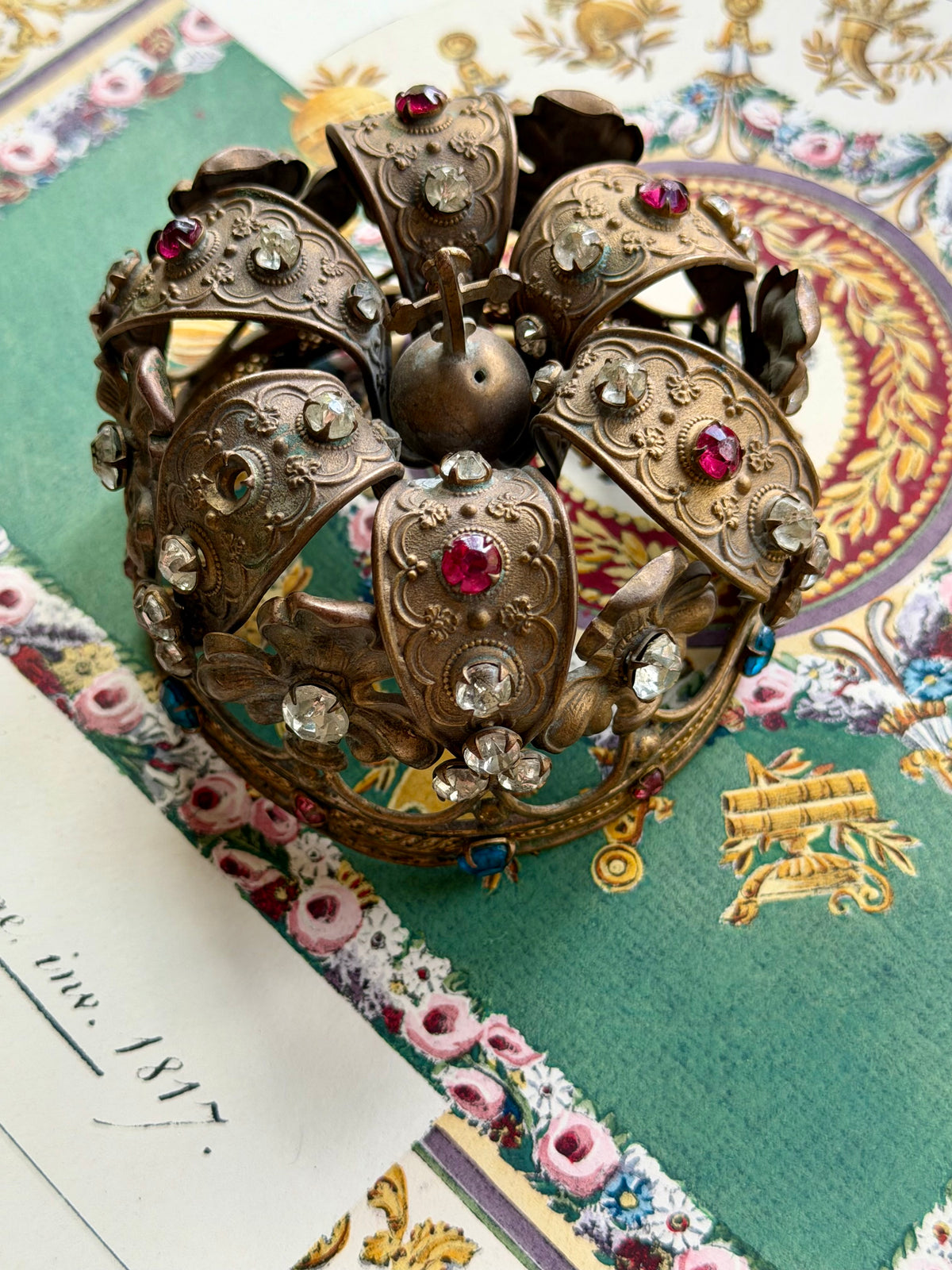 Antique French Santos Crown with Paste Stones, Orb and Cross, 19th Century
