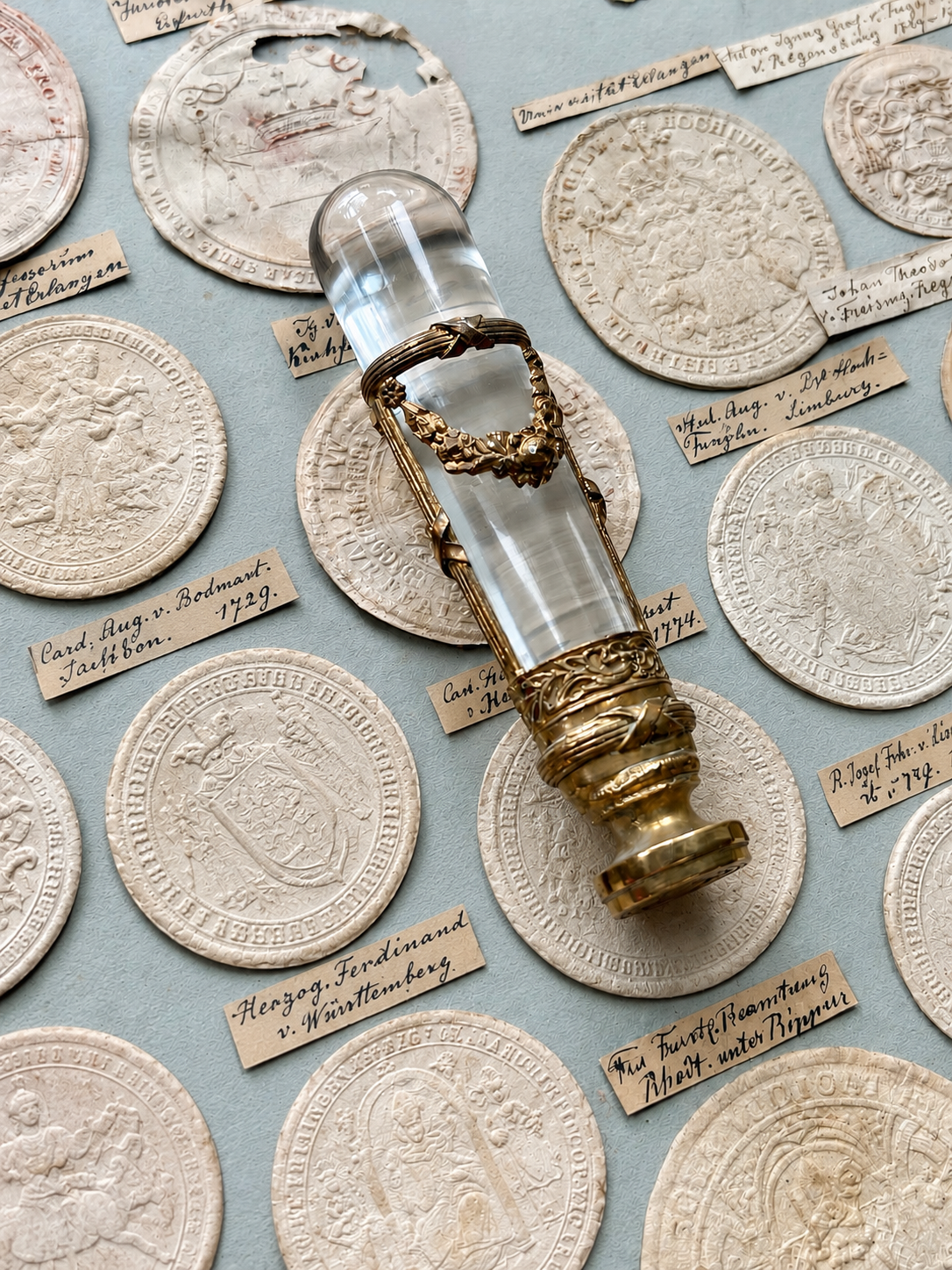 Antique French Wax Seal — Crystal Handle, Gilded Bronze Garland Mount, Engraved Monogram, Napoleon III, 19th Century