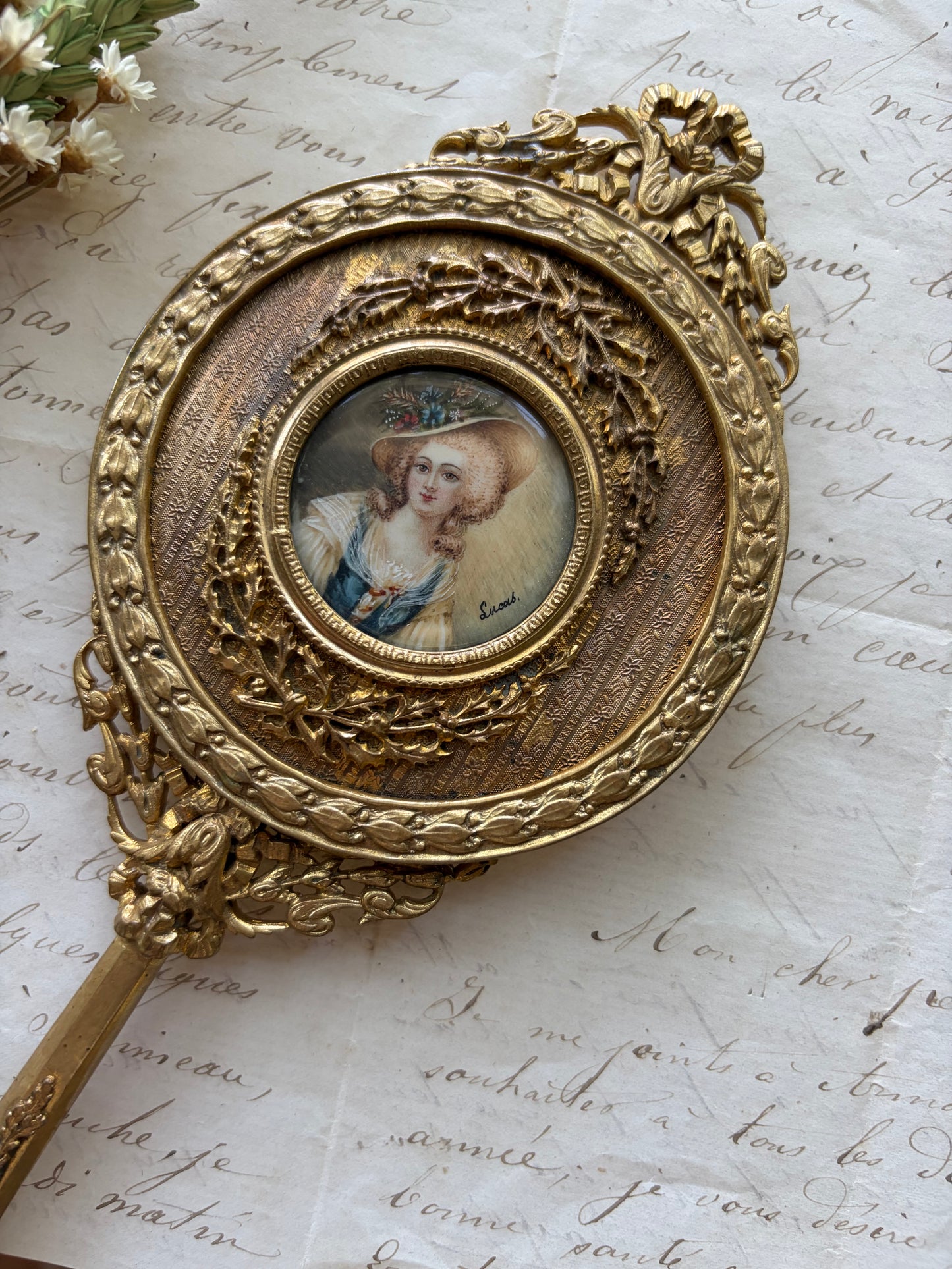 Antique French Hand-Painted Portrait Mirror