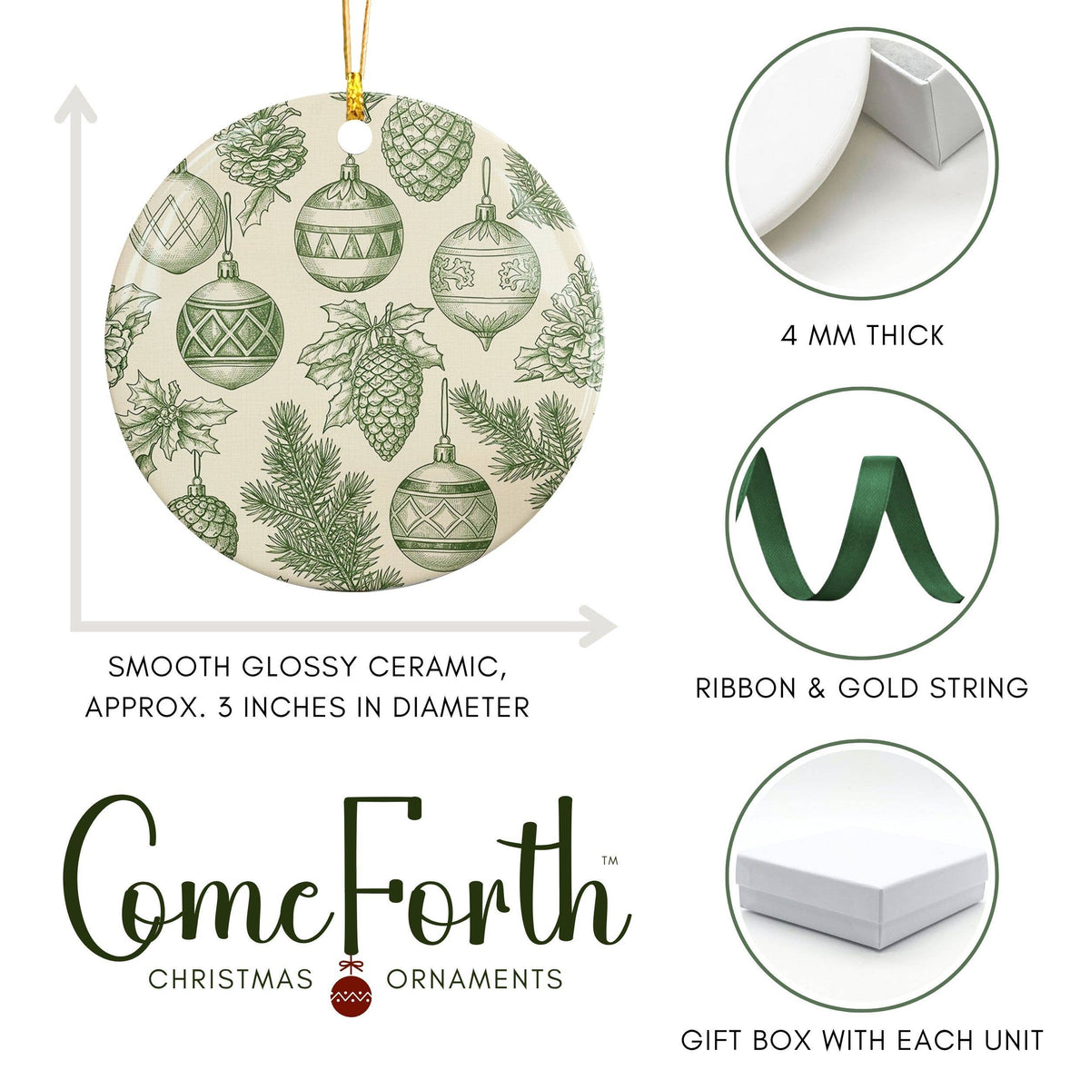 Green Toile Ornament, Botanical Christmas Bauble Decor