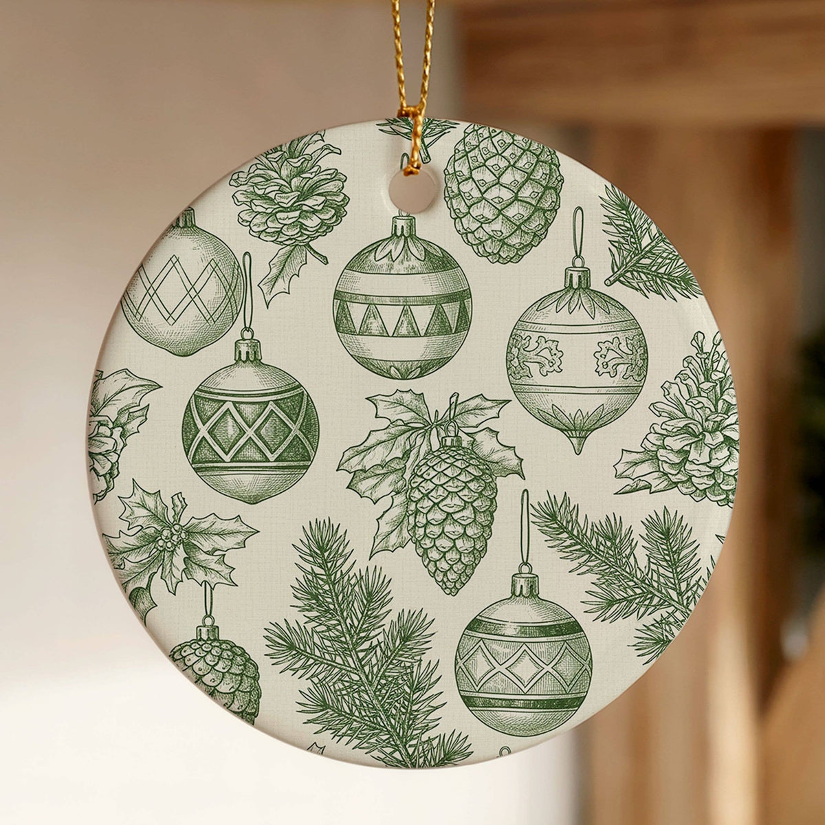 Green Toile Ornament, Botanical Christmas Bauble Decor