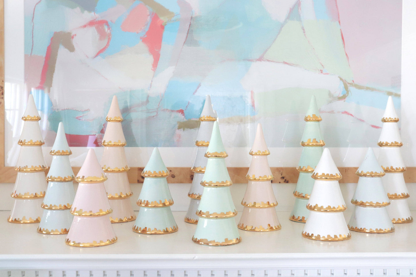 White Tiered Christmas Trees with 22K Gold Brushstroke Accent: Large