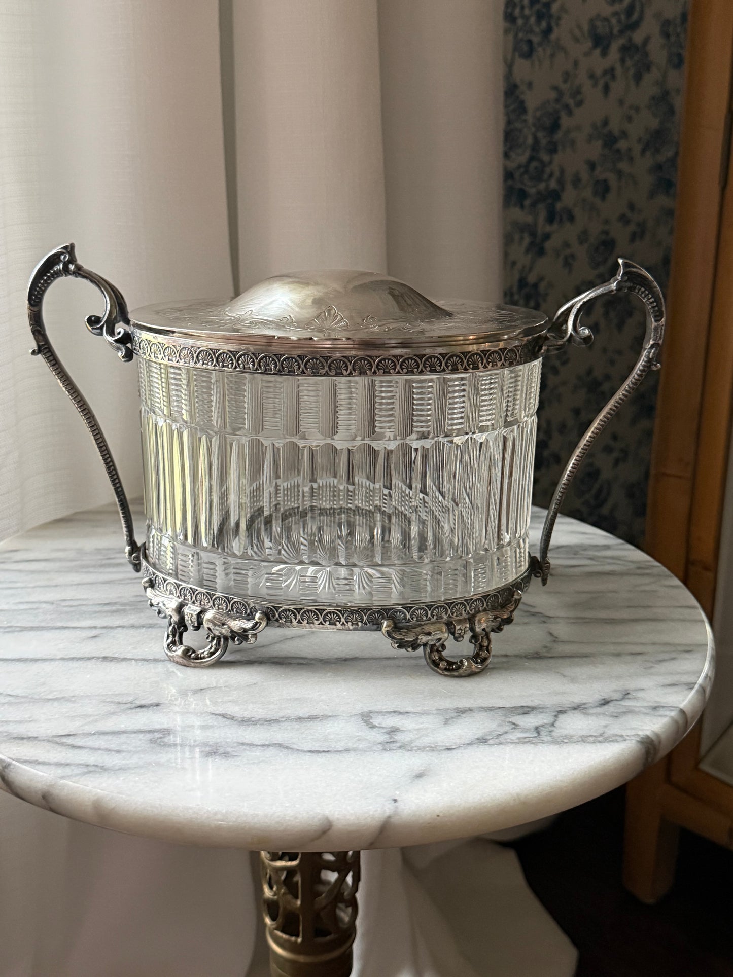 Antique Silverplate and Crystal Biscuit Barrel