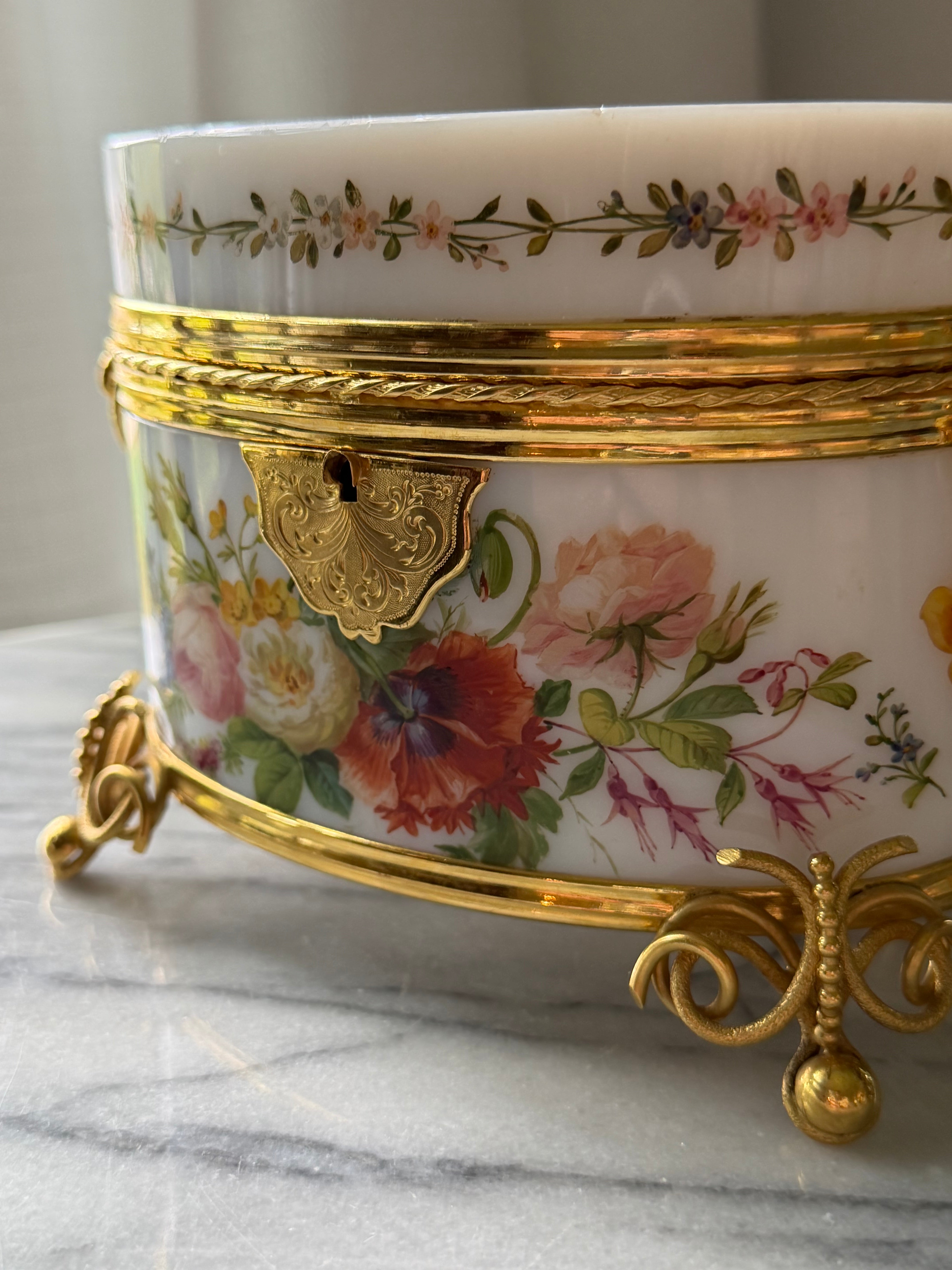 Antique French Opaline Floral Casket with Gilt Bronze Mounts