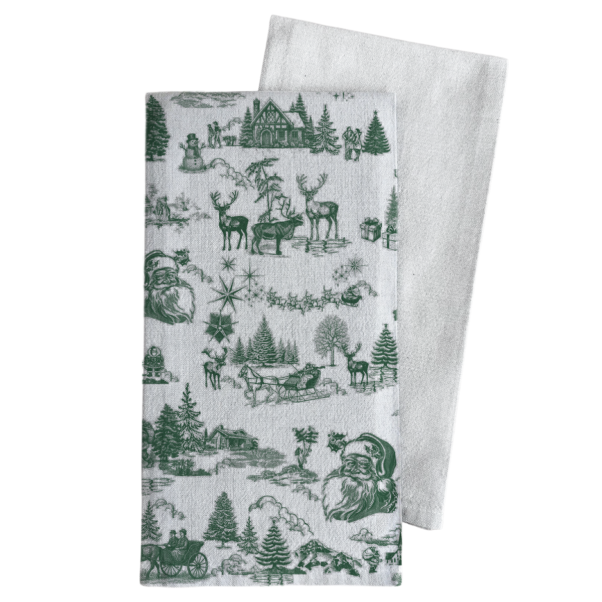 Christmas Toile - Green Tea Towel: White