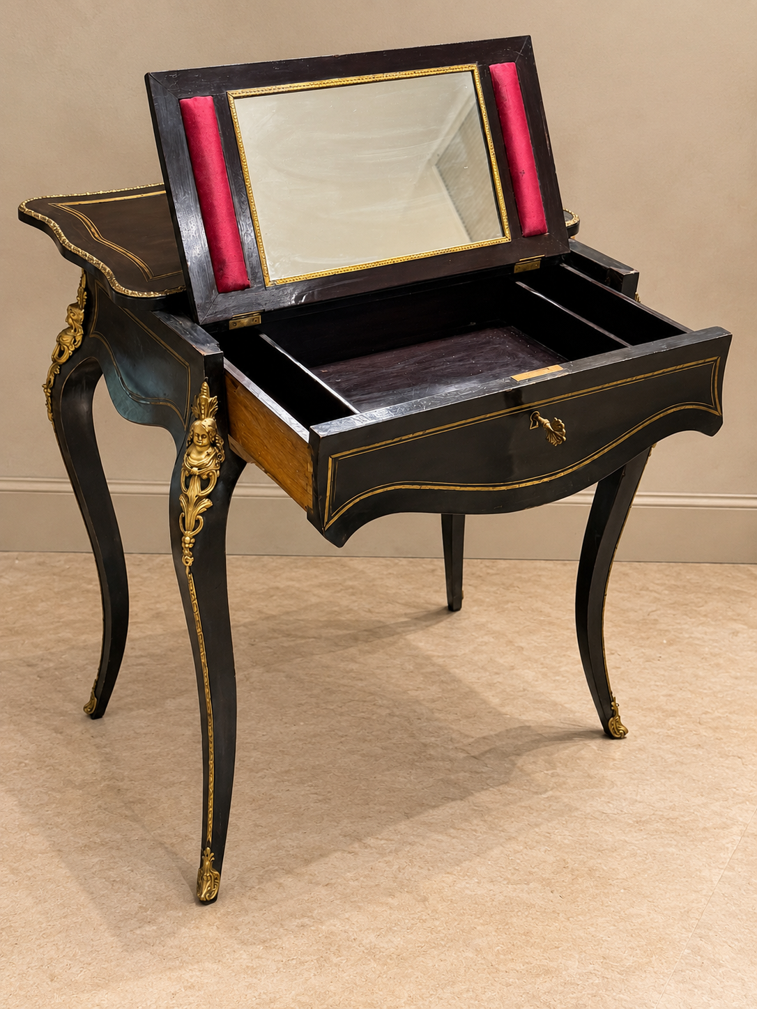 19th Century French Antique Dressing Table with Concealed Mirror & Leather Writing Surface | Circa 1870