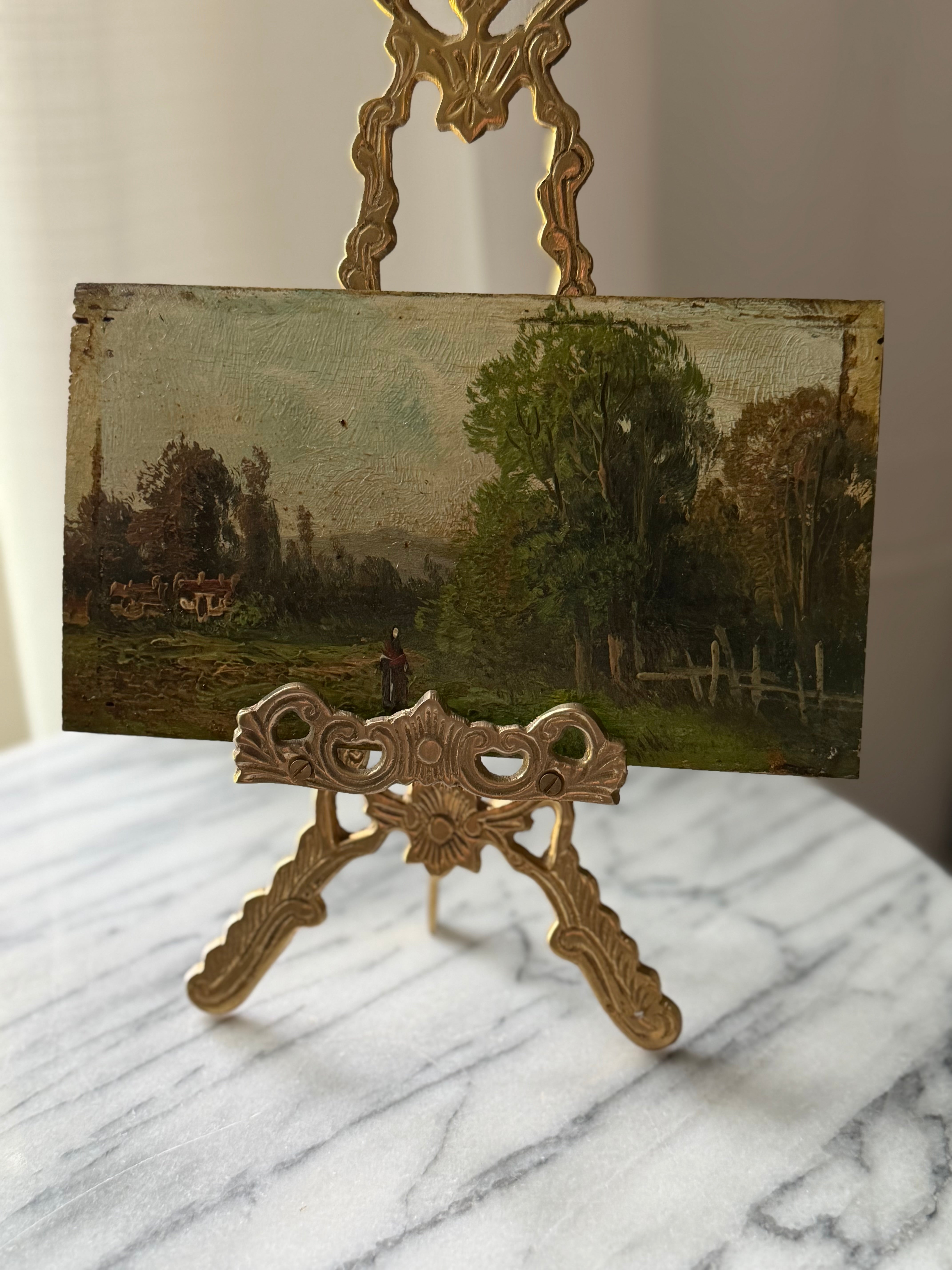 Antique French Landscape Oil Painting on Board