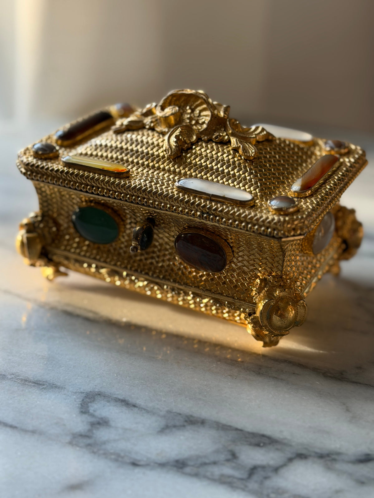 Antique French Gilt Bronze and Agate Casket with Woven Basketweave and Rococo Mounts