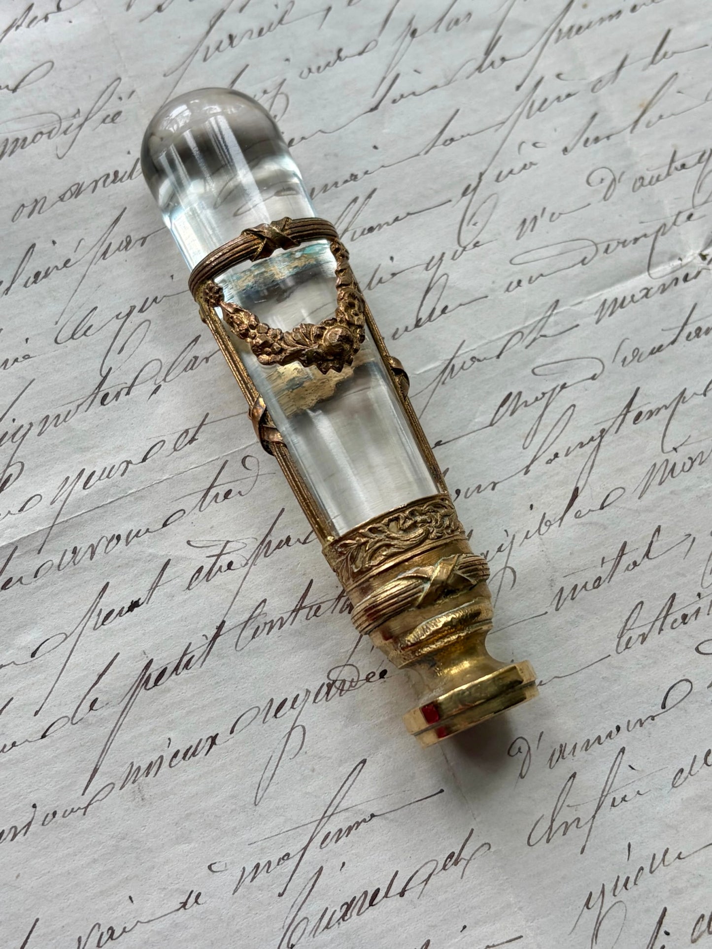 Antique French Wax Seal — Crystal Handle, Gilded Bronze Garland Mount, Engraved Monogram, Napoleon III, 19th Century