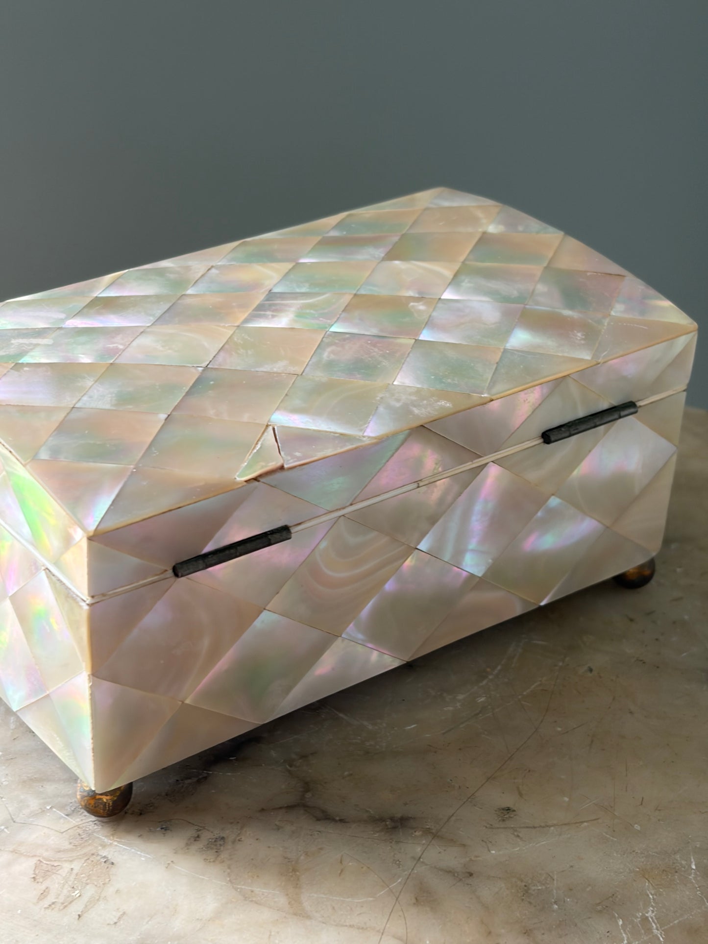 Antique French Mother-of-Pearl Box — Diamond-Quilted Nacre, Silk-Lined Interior, 19th Century