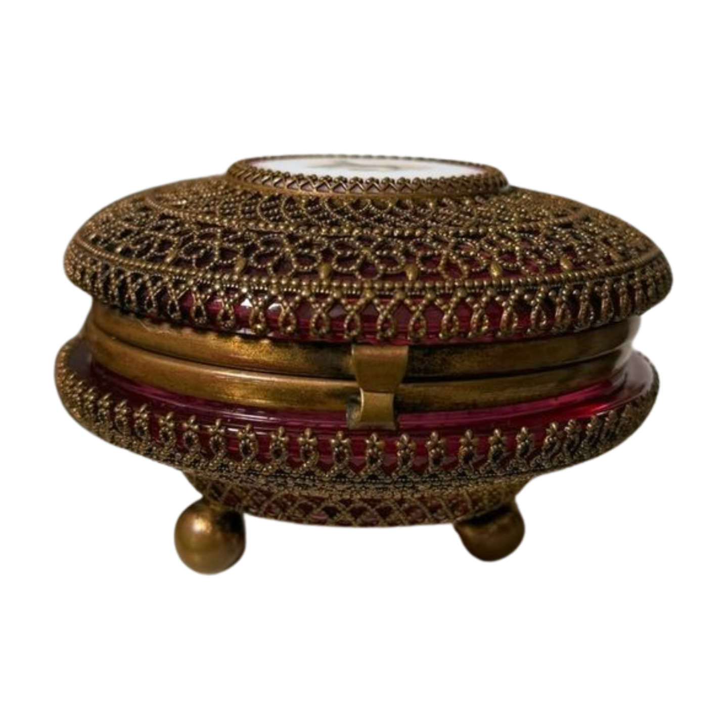 Antique Ormulu & Ruby Glass Casket with Hand Painted Cherub Medallion