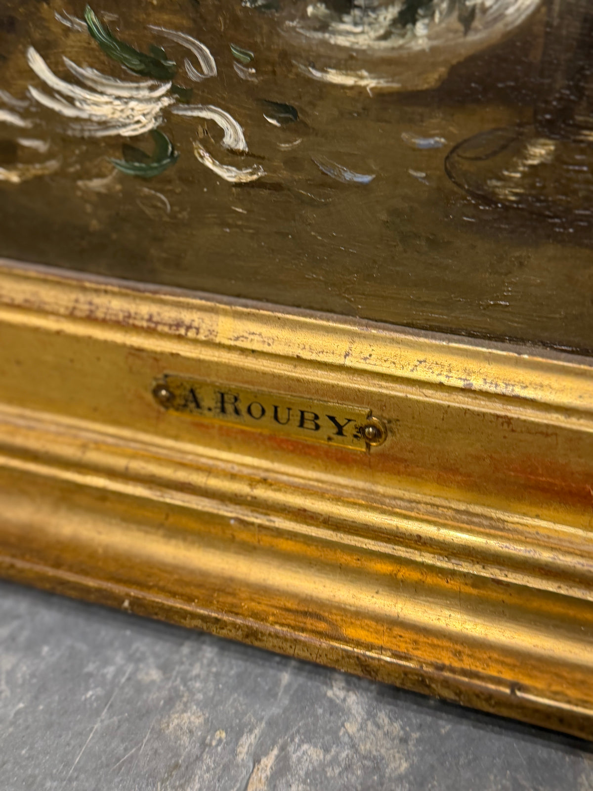 Antique French Floral Still Life Oil on Board, Signed A. Rouby, in Giltwood Frame