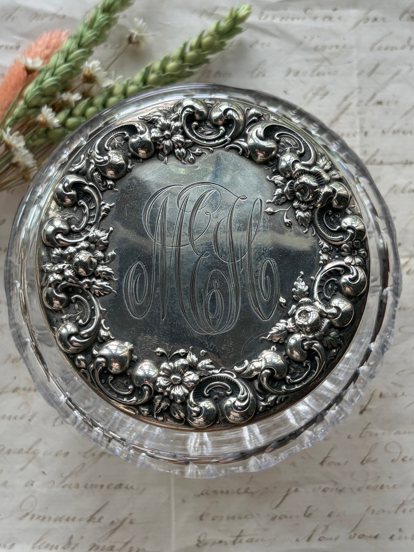 Antique Crystal Powder Jar with Sterling Silver Lid