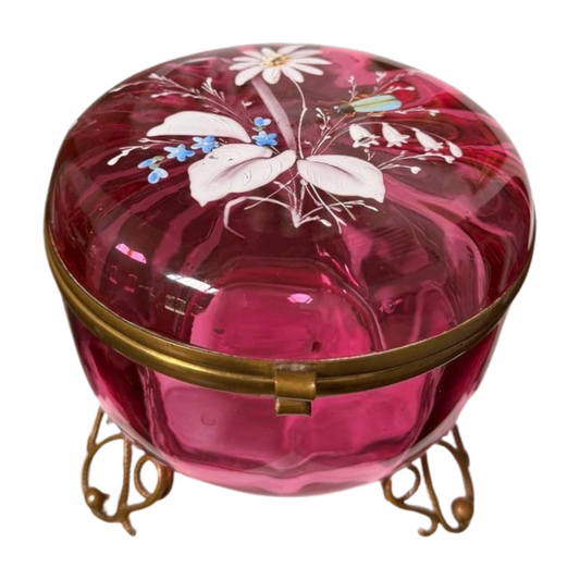 Antique Cranberry Glass Casket with Hand-Painted Floral and Gilt Bronze