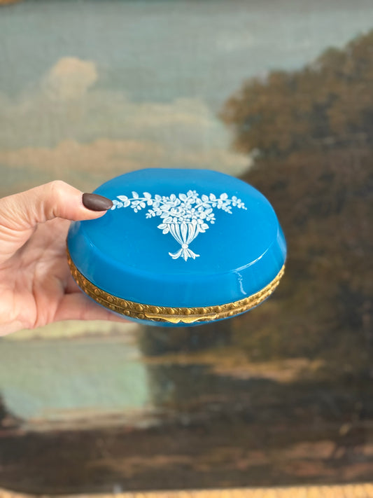 Vintage Blue Opaline Glass Casket with Enamel Floral Decoration