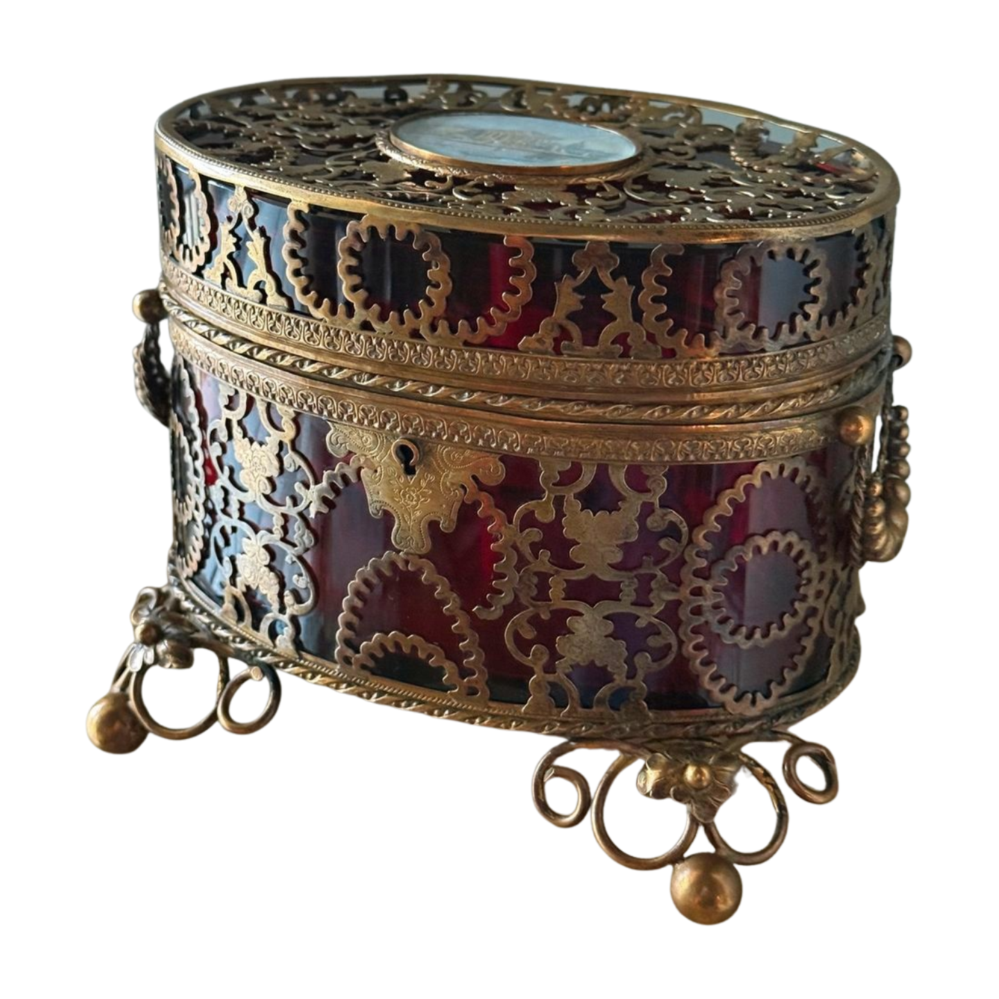 Antique French Ruby Glass Jewelry Casket