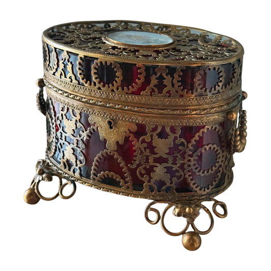 Antique French Ruby Glass Jewelry Casket