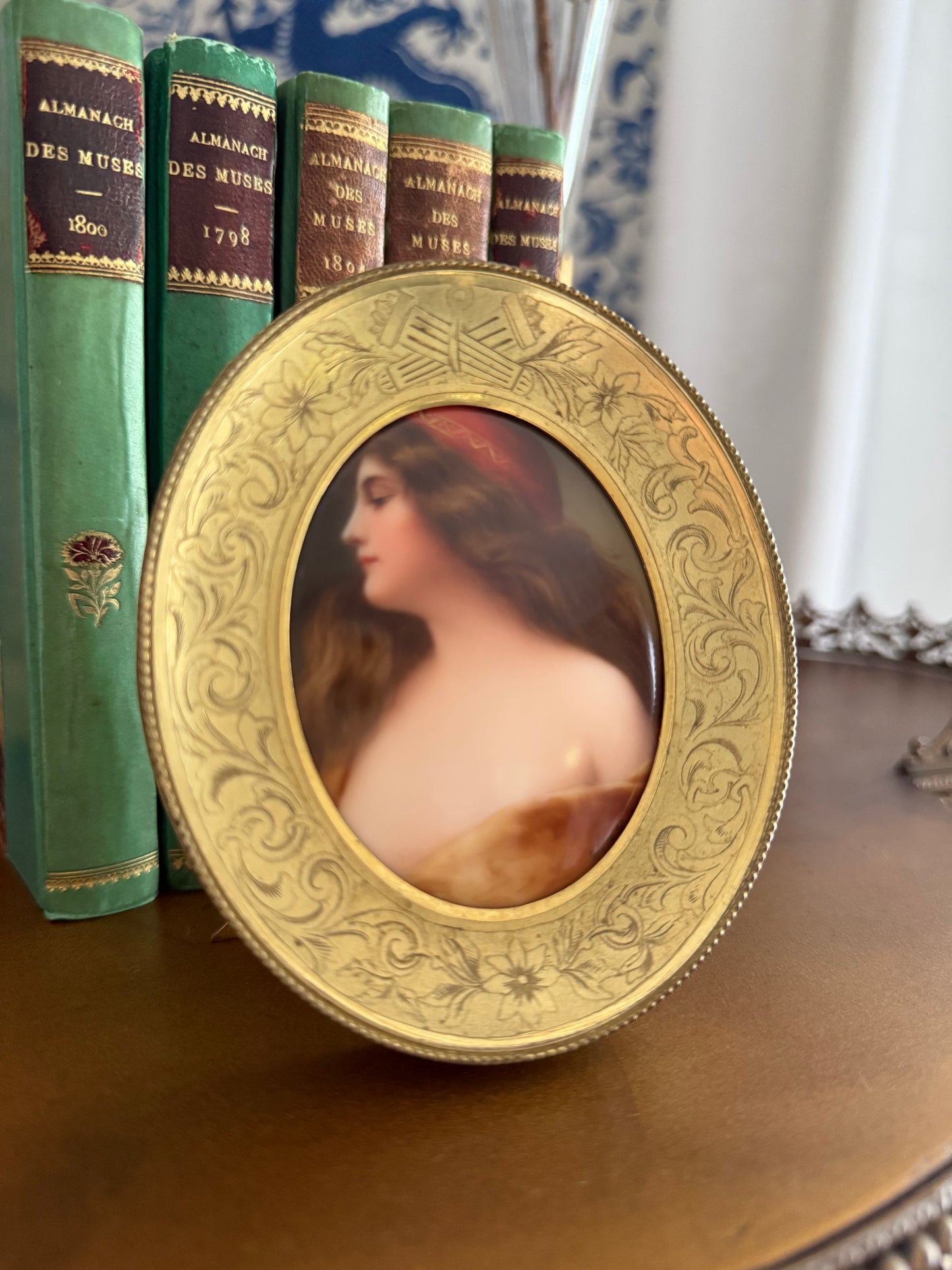 Antique Painted Porcelain Portrait in Bronze Frame