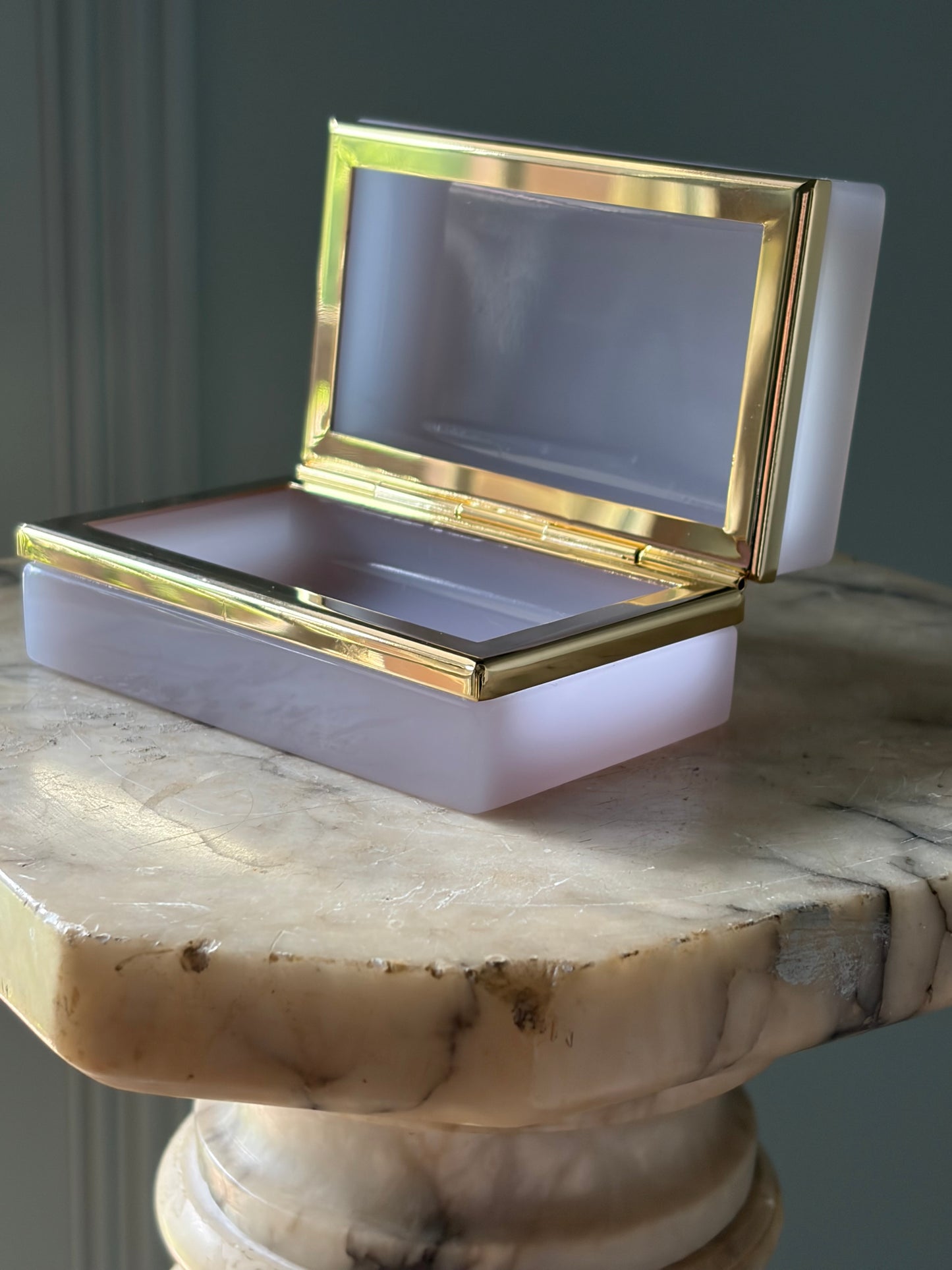 Vintage Alexandrite Opaline Box — Pale Lavender Glass with Gold Brass Mounts