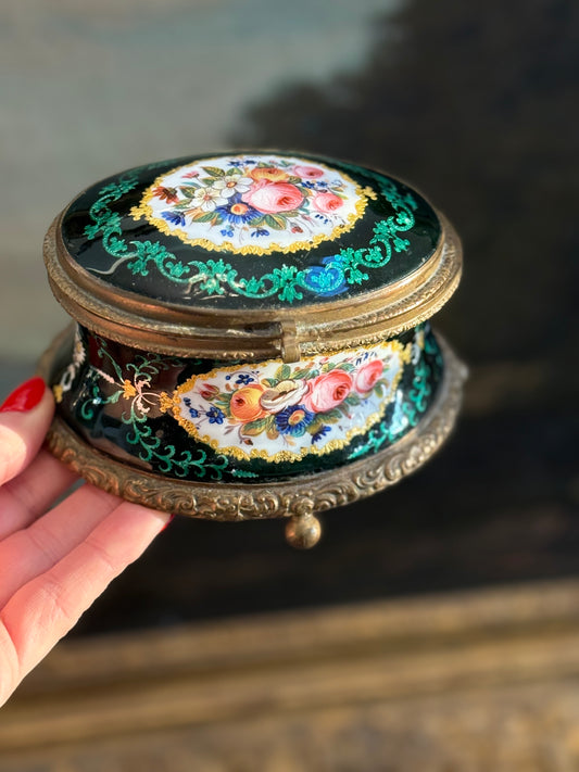 Antique French Painted Enamel Jewelry Box
