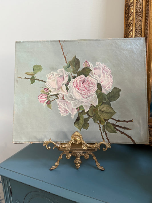 Antique Oil Painting of Roses on Canvas