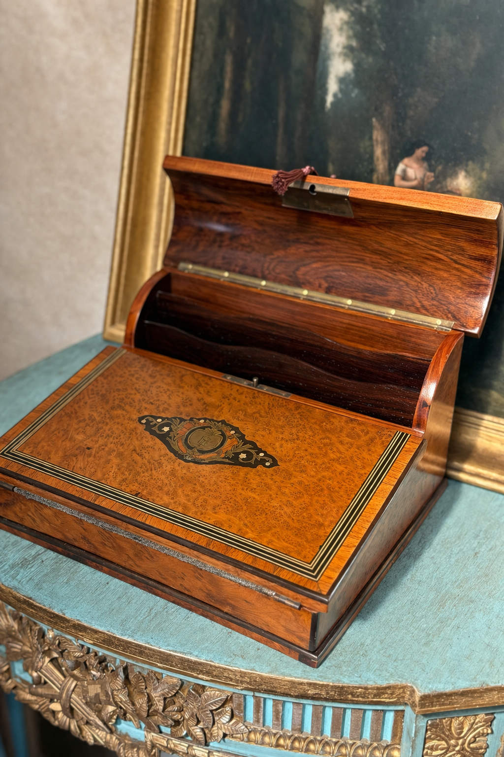 Antique French Burl Wood Writing Slope Desk
