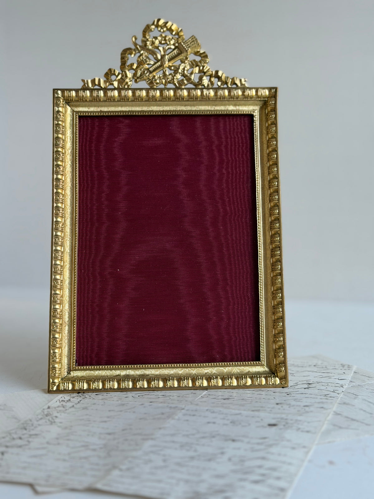 Antique French Bronze Picture Frame with Ribbon & Floral Crest
