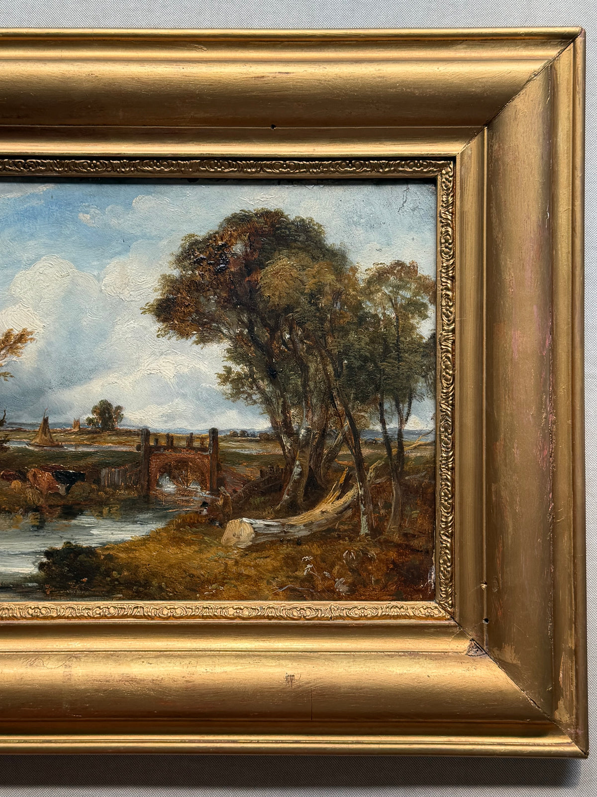 English School, 19th Century — River Landscape with Brick Bridge and Cattle