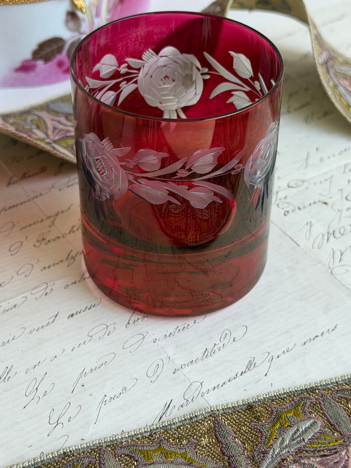 Antique Cranberry Glass Etched Floral Small Tumbler