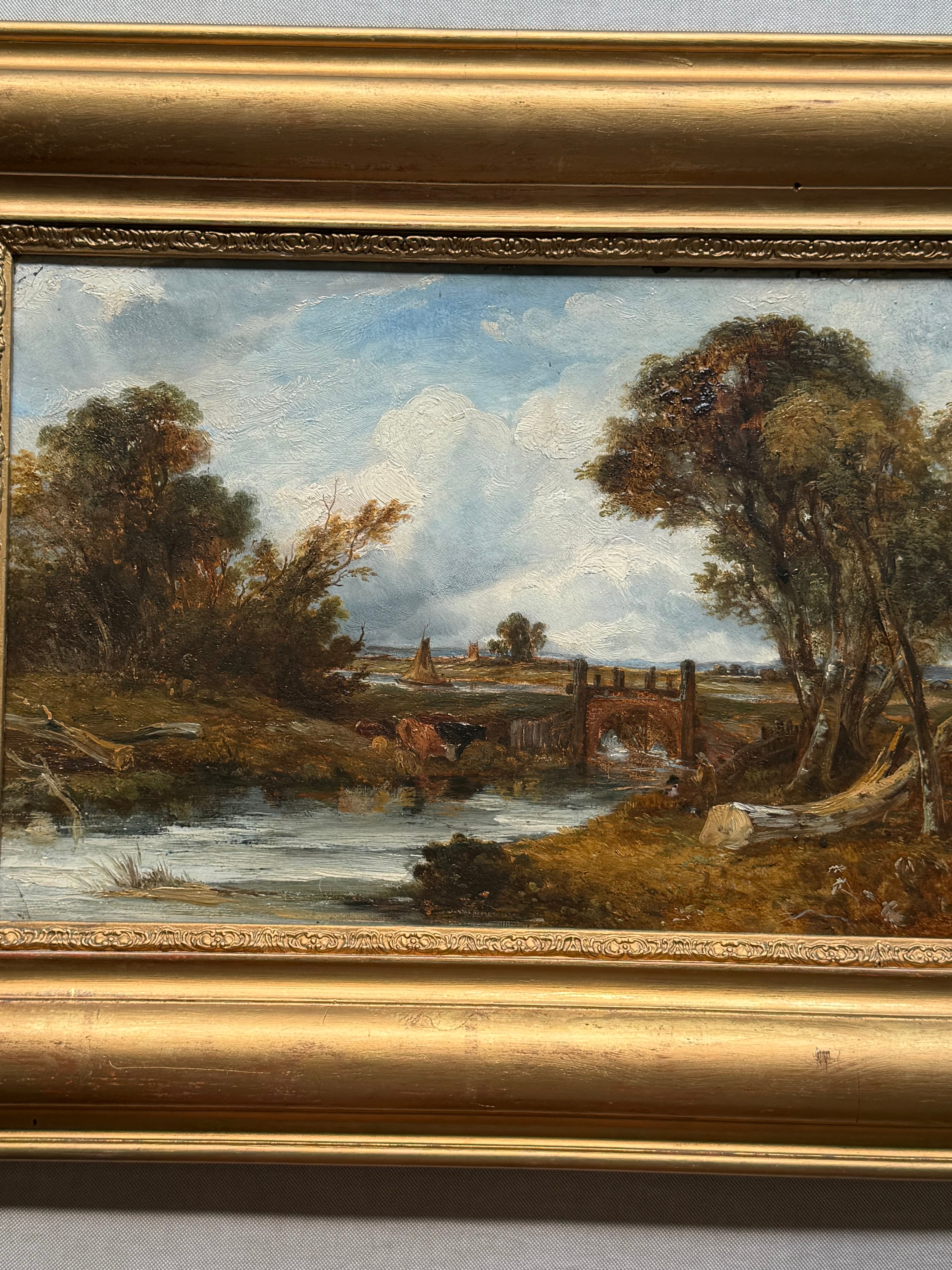 English School, 19th Century — River Landscape with Brick Bridge and Cattle