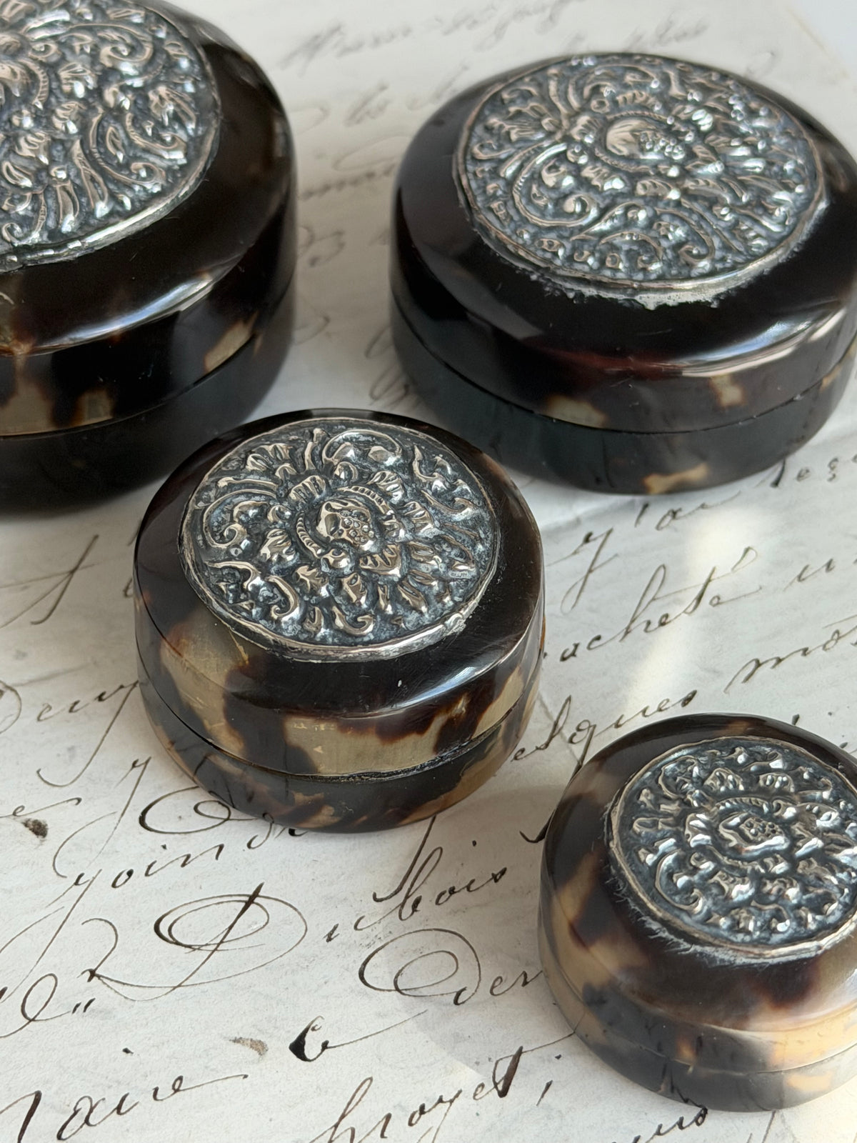 Antique Tortoise Nesting Boxes with Sterling Lids, Set of 4