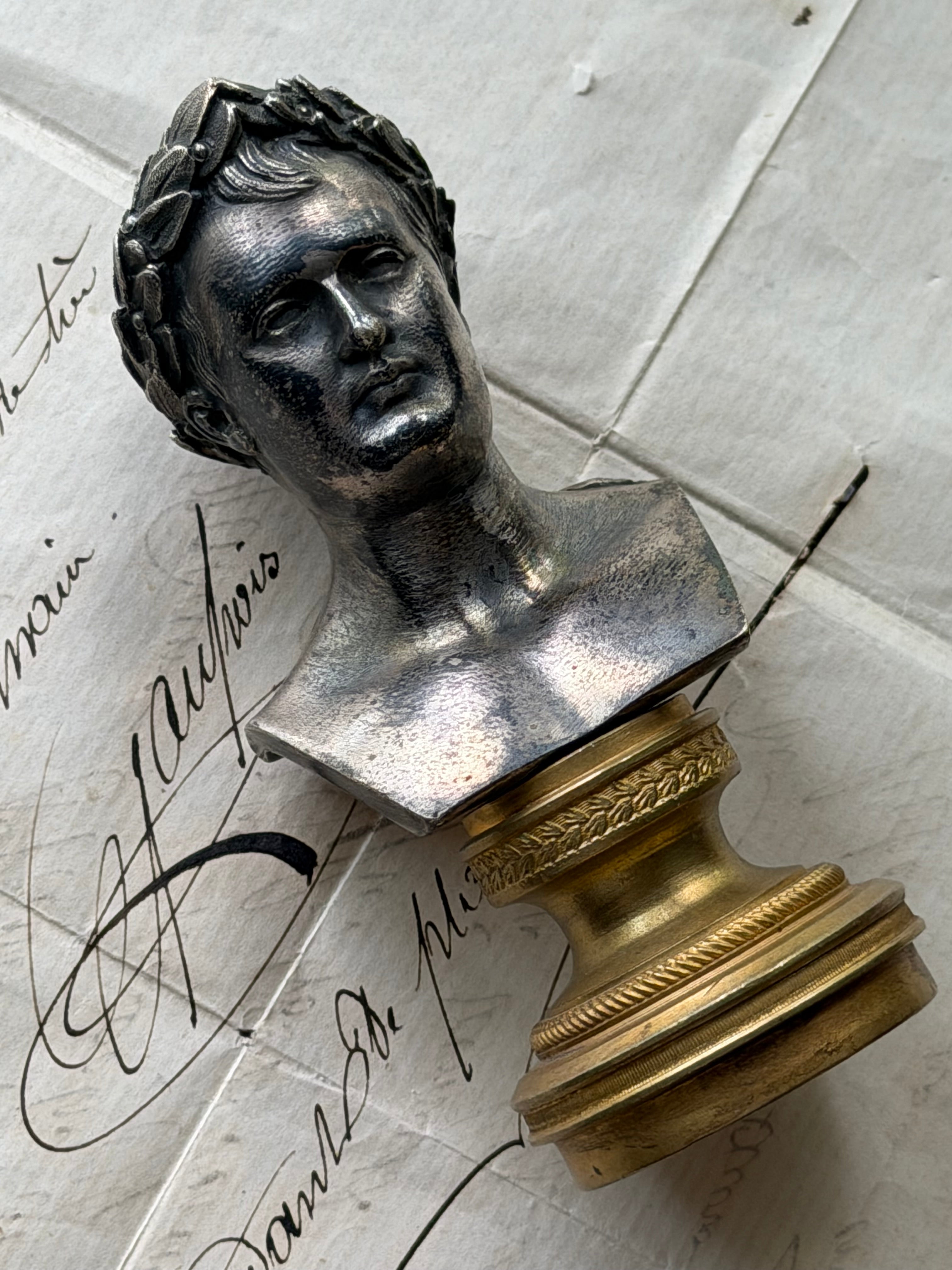 Antique French Silvered Bronze Bust of Napoleon I on Gilt Bronze Pedestal