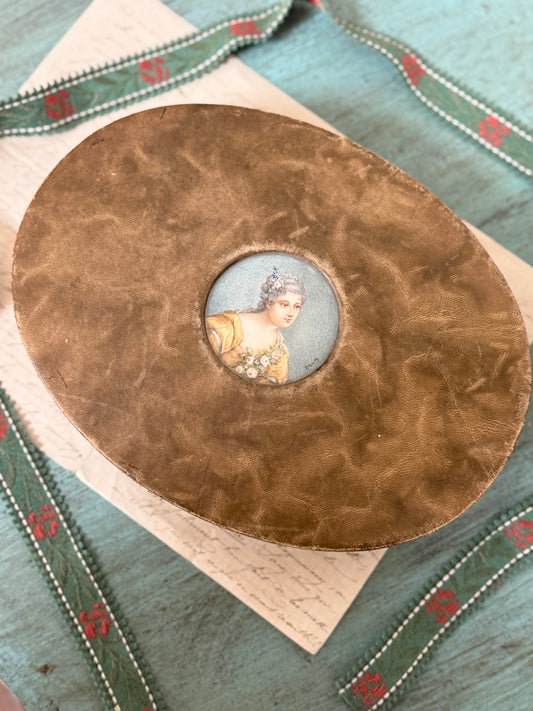 Antique Parisian Leather Box with Hand Painted Portrait
