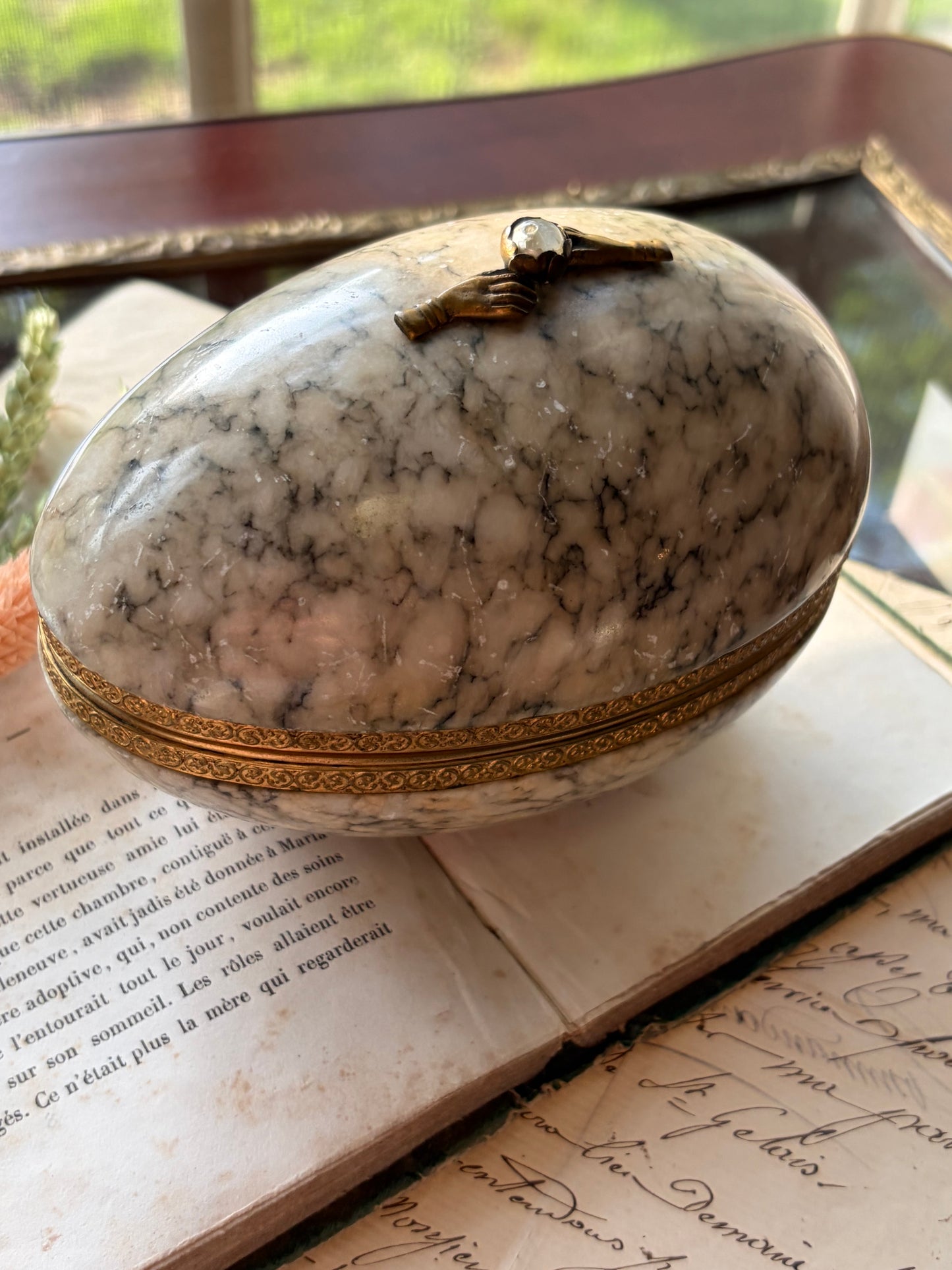 Antique French Alabaster Egg Casket with Gilt Bronze Mounts
