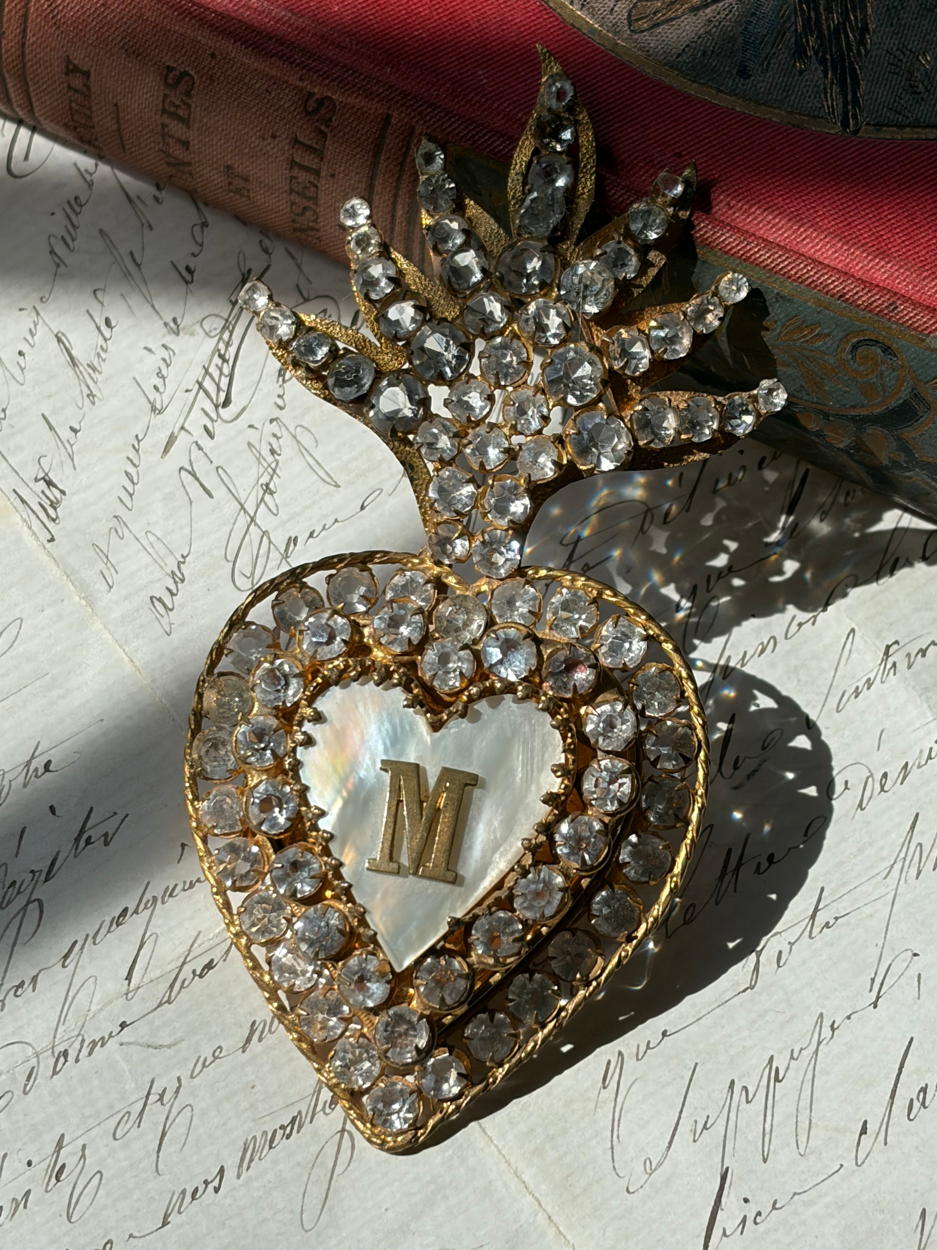 Antique French Sacred Heart Ex-Voto with Paste Stones and Monogram M