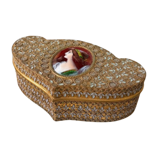 Antique Gilded French Jewelry Casket with Hand-Painted Portrait Miniature