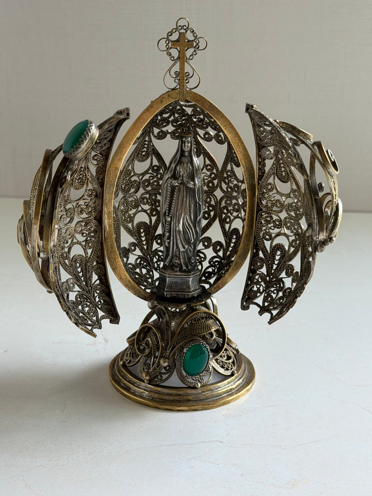 Antique Filigree Egg Shrine with Madonna and Green Cabochons