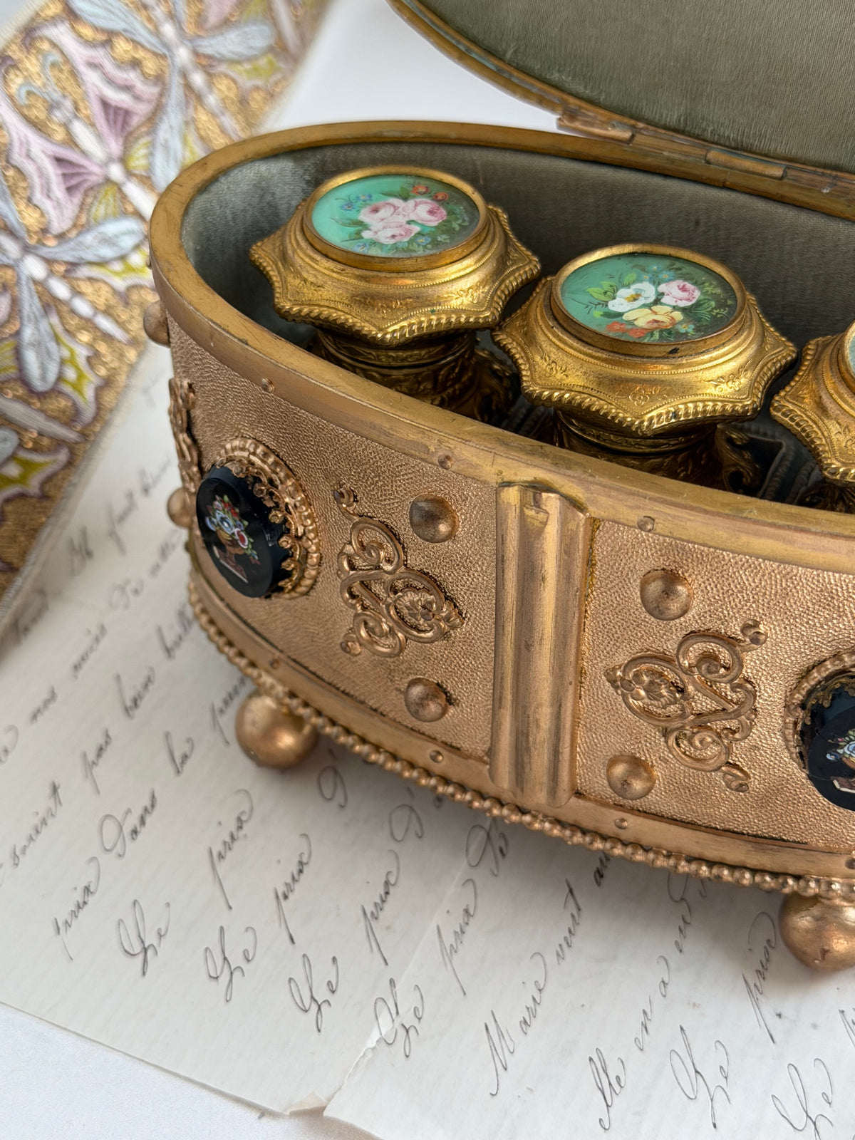 Antique Bronze Micro-Mosaic Perfume Casket with Three Bottles