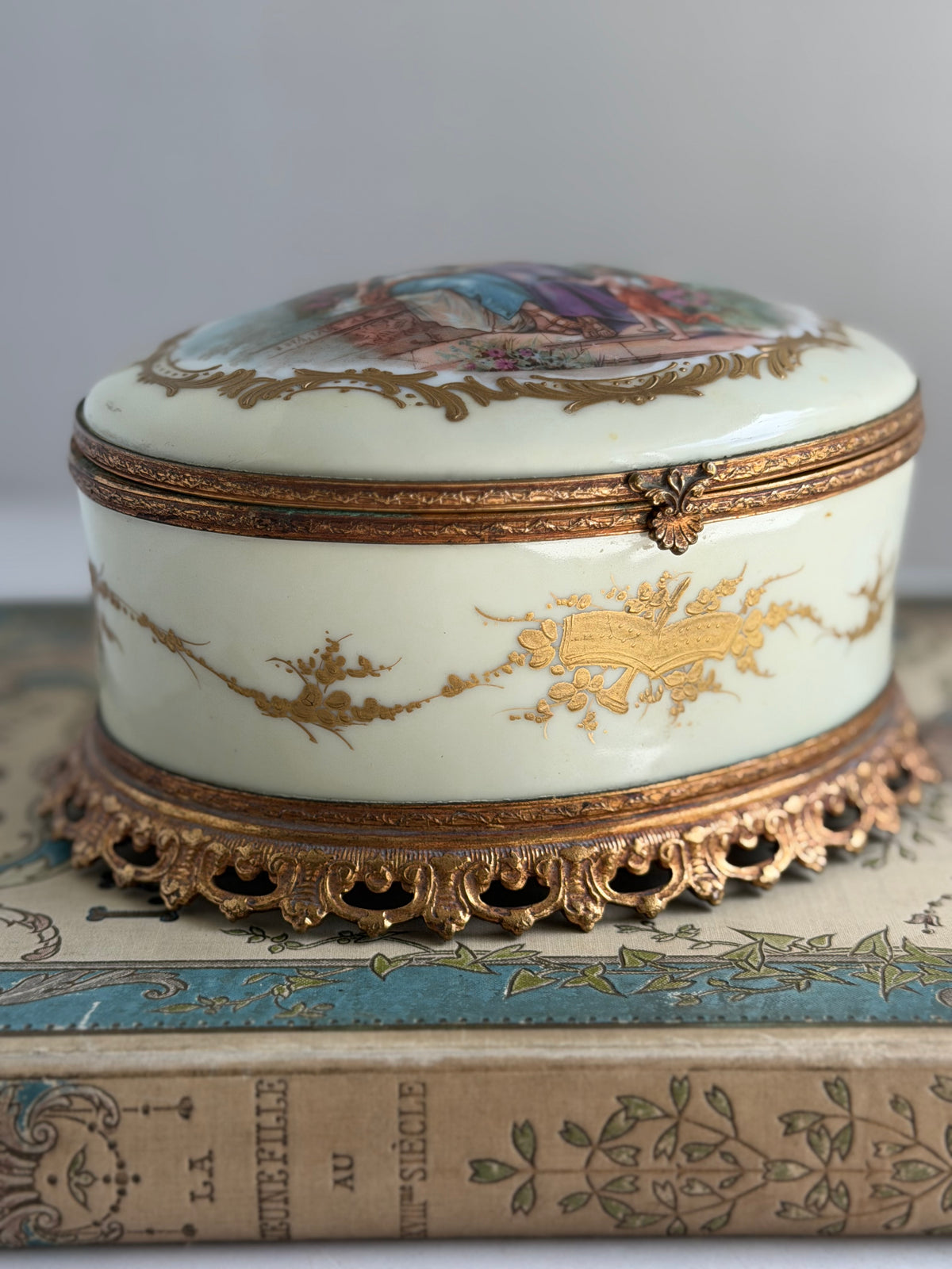 Antique French Hand-Painted Porcelain Casket with Bronze Mounts