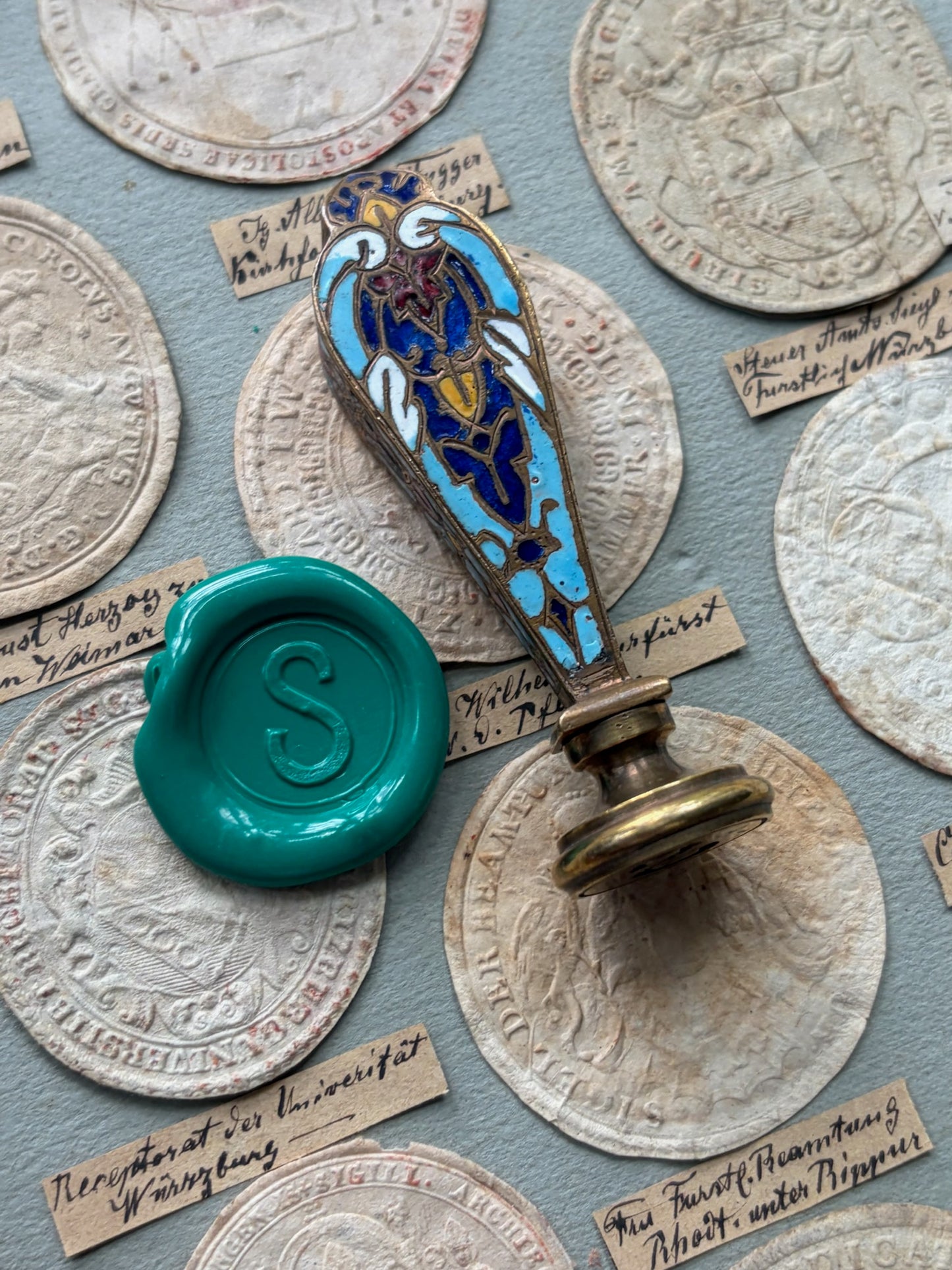 Antique French Champlevé Enamel Wax Seal — Polychrome Bird Motif, Engraved Initial, 19th Century