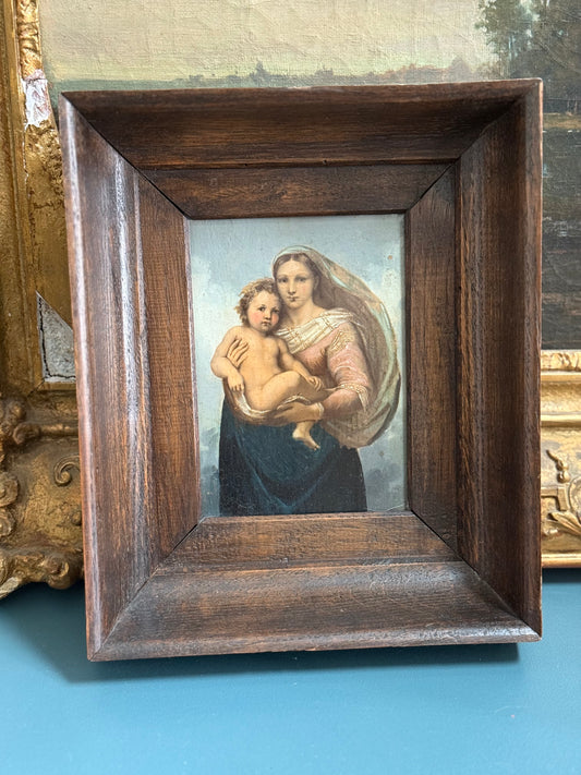 19th Century Hand-Enhanced Madonna and Child Print in Oak Frame