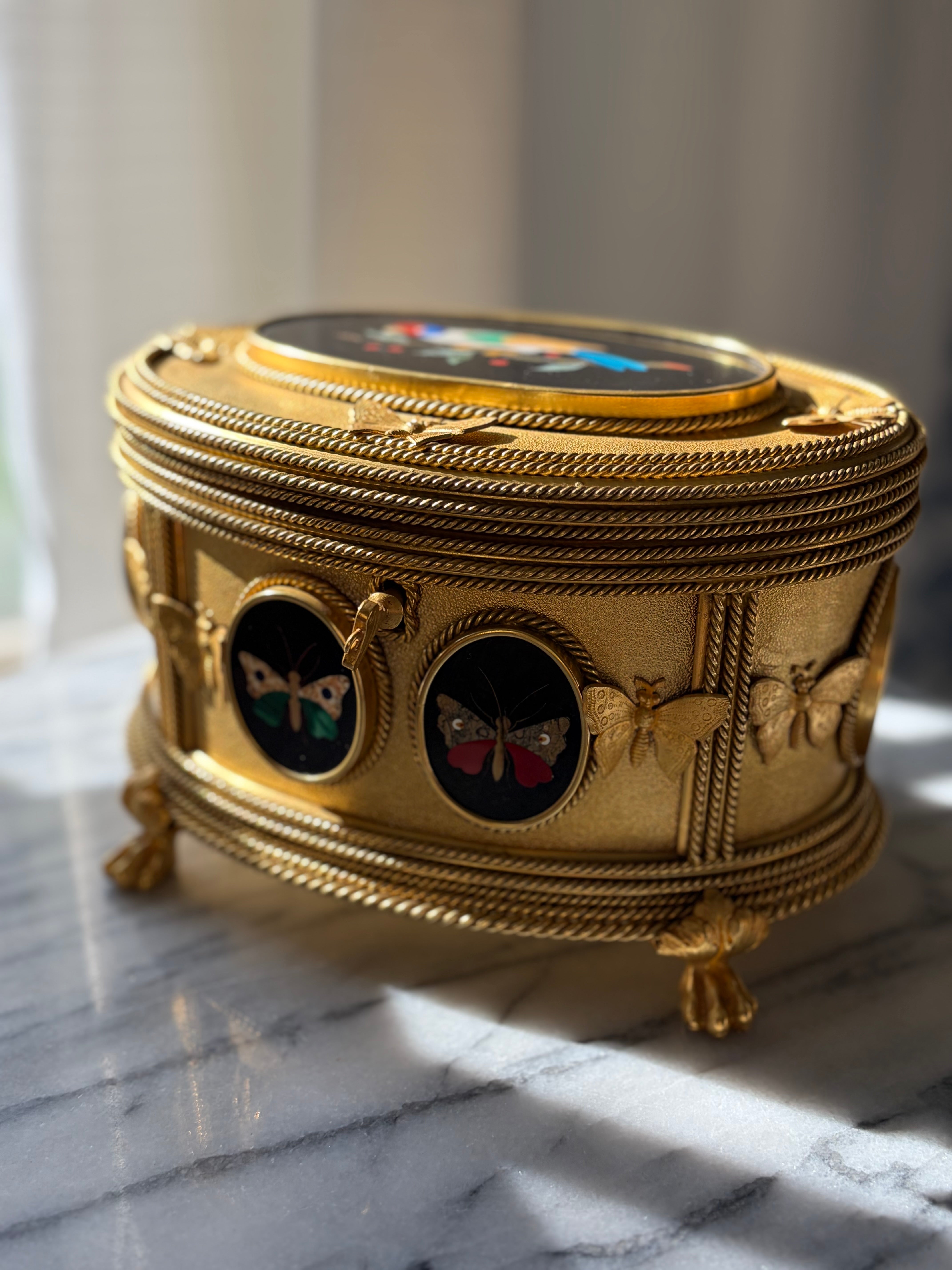 Antique Tahan Paris Pietra Dura & Bronze Jewelry Casket with Working Key
