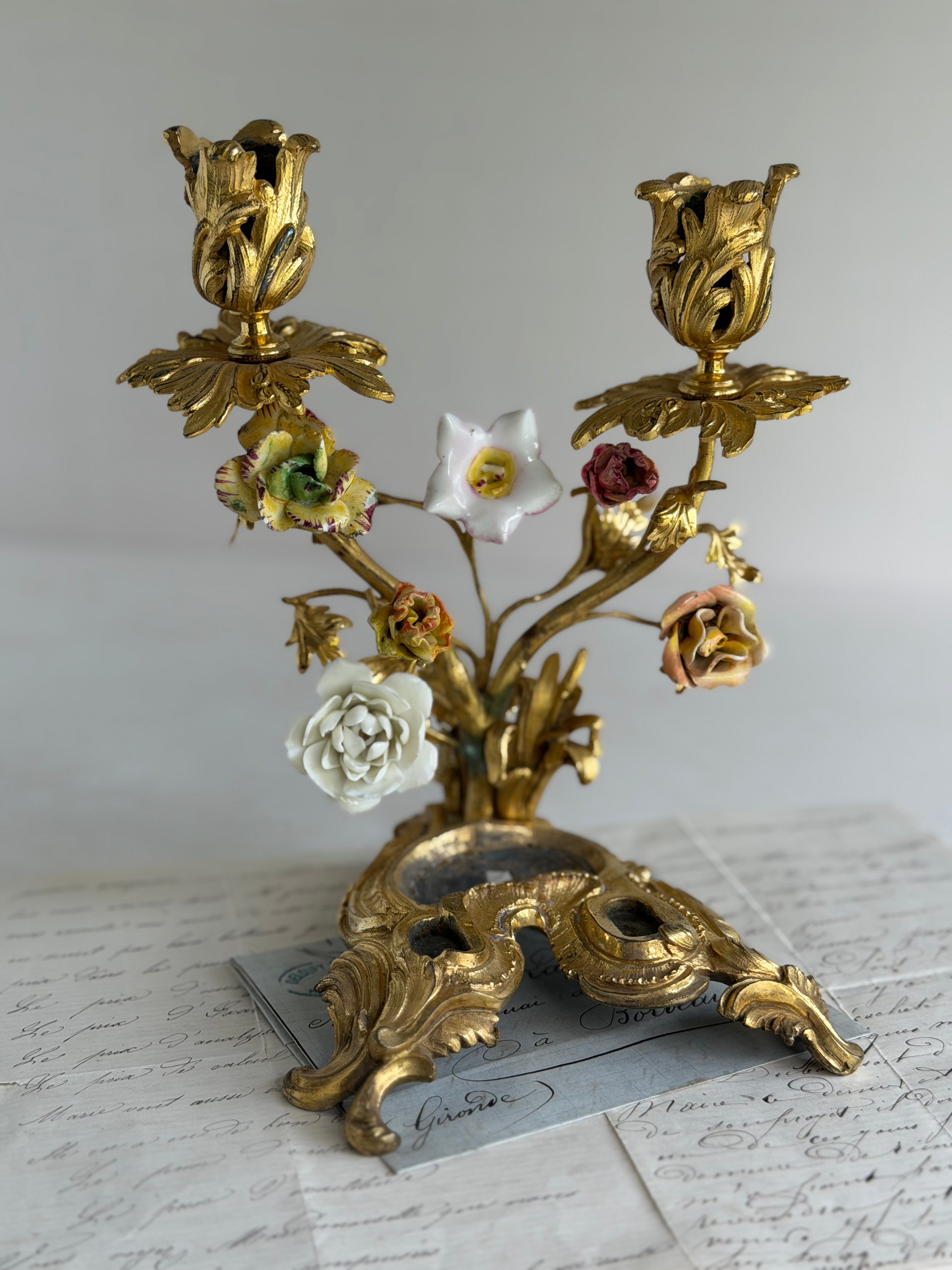 Antique Gilt Bronze Two-Light Candelabra with Porcelain Flowers
