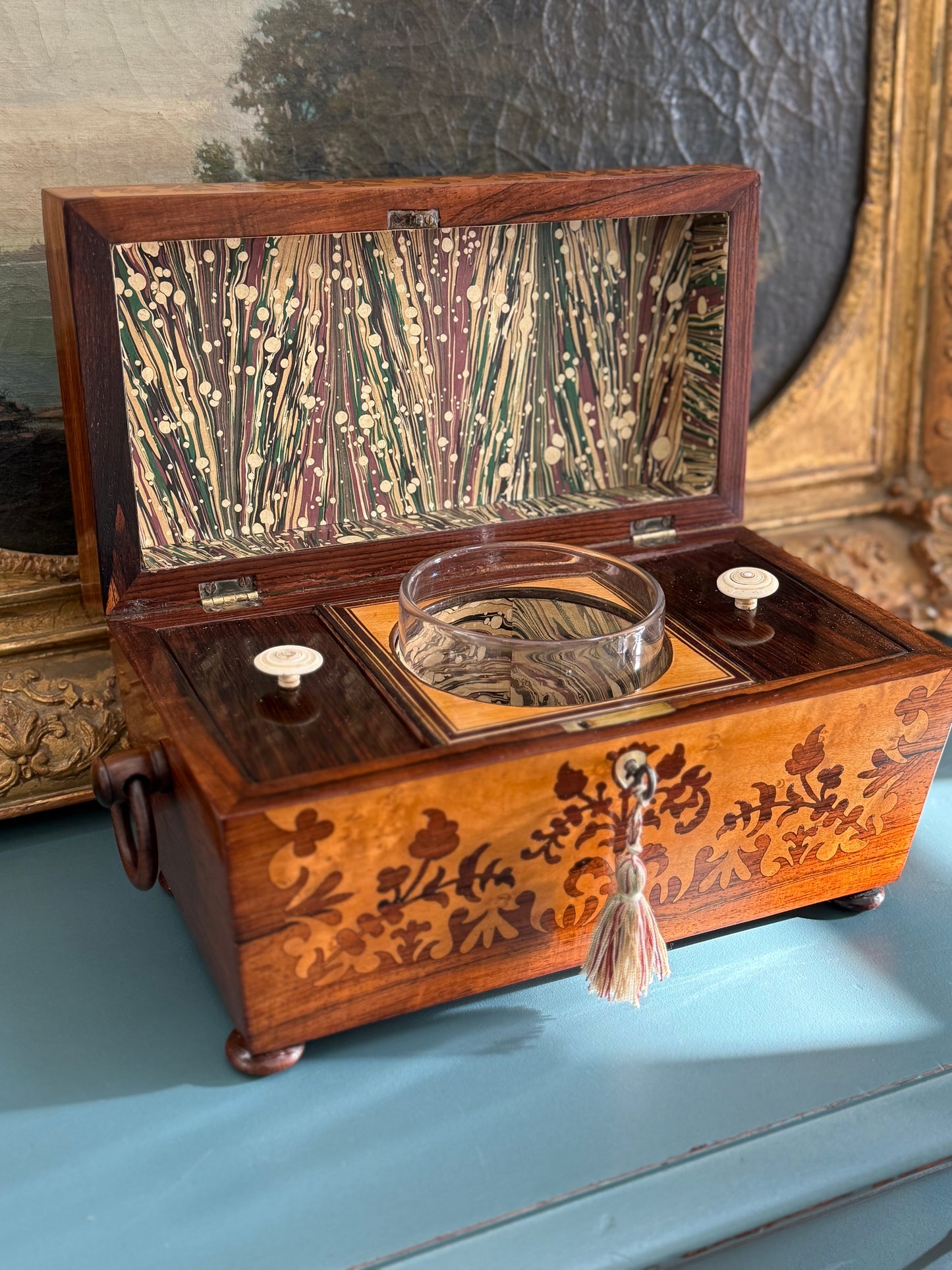 Antique English Tea Caddy with Cut Glass Bowl