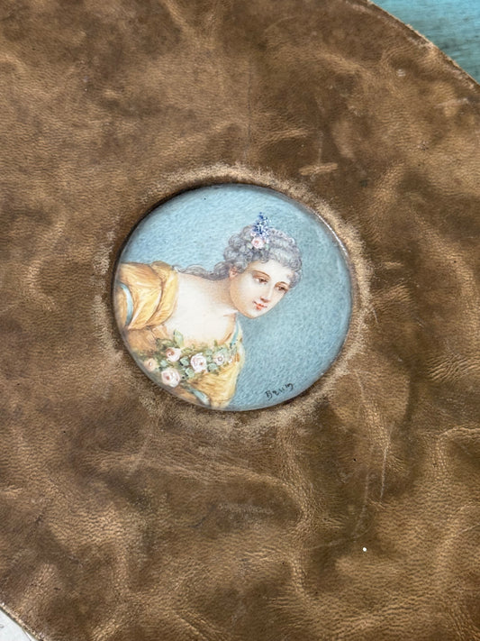 Antique Parisian Leather Box with Hand Painted Portrait