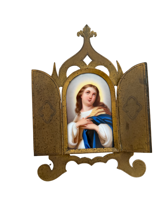 Antique French Miniature Triptych with Porcelain Madonna