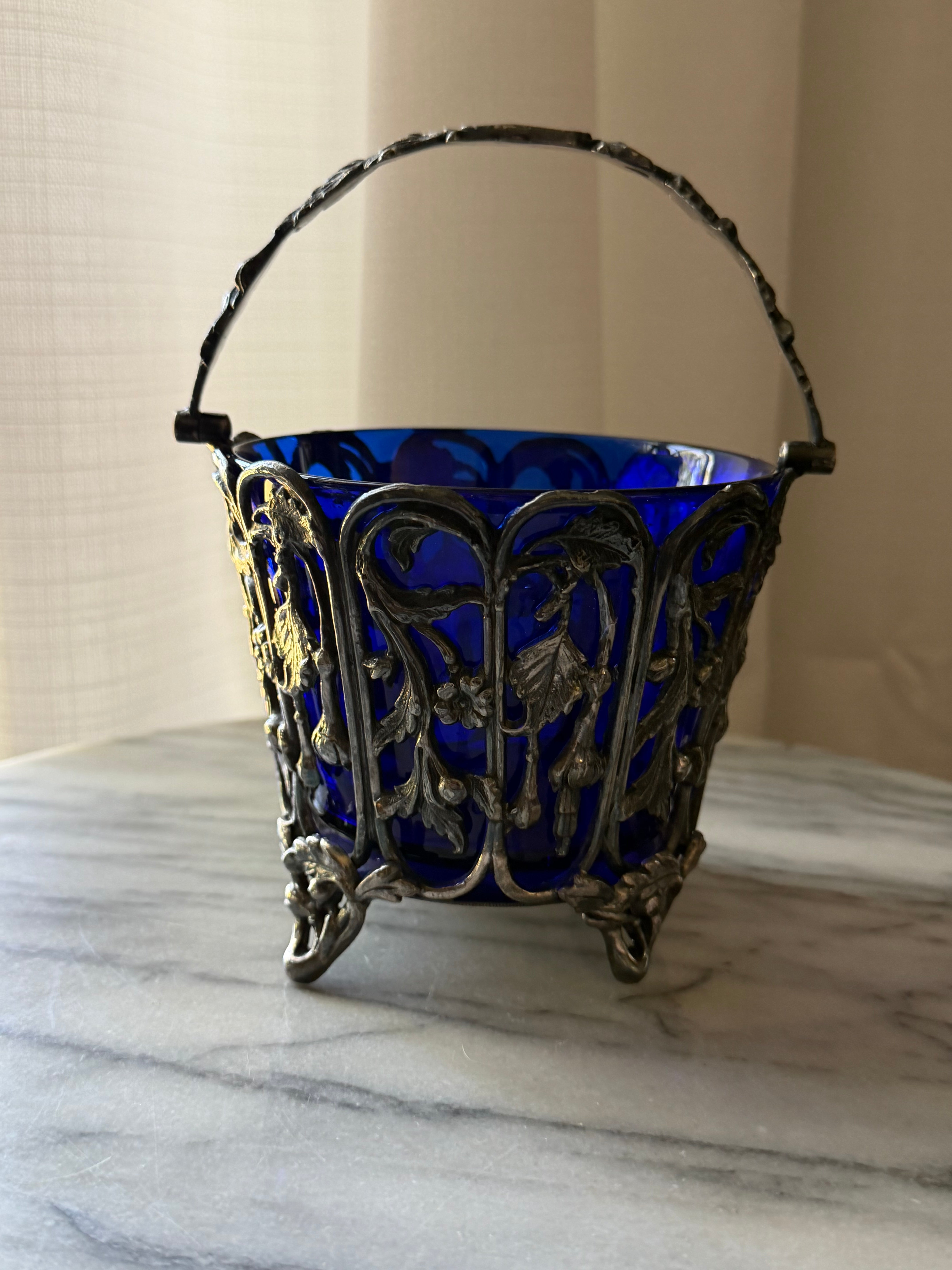 Antique Cobalt Glass and Silverplate Basket