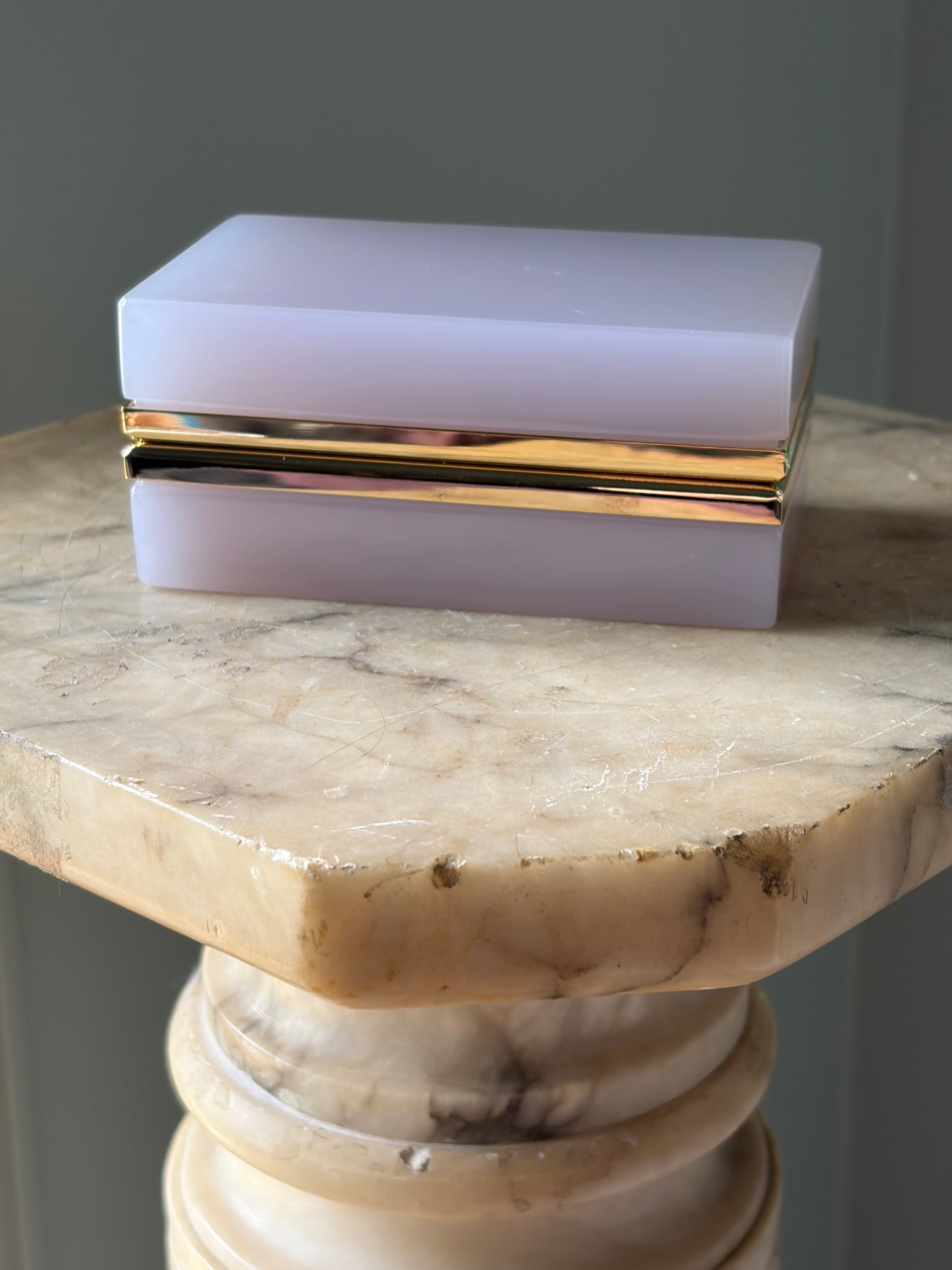 Vintage Alexandrite Opaline Box — Pale Lavender Glass with Gold Brass Mounts