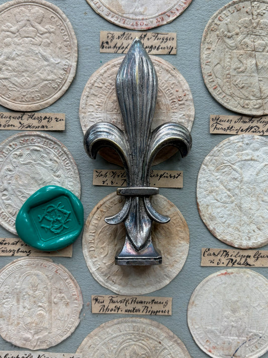 Antique French Wax Seal — Sculptural Fleur-de-Lis Handle, Silver Plate, Engraved Monogram, 19th Century