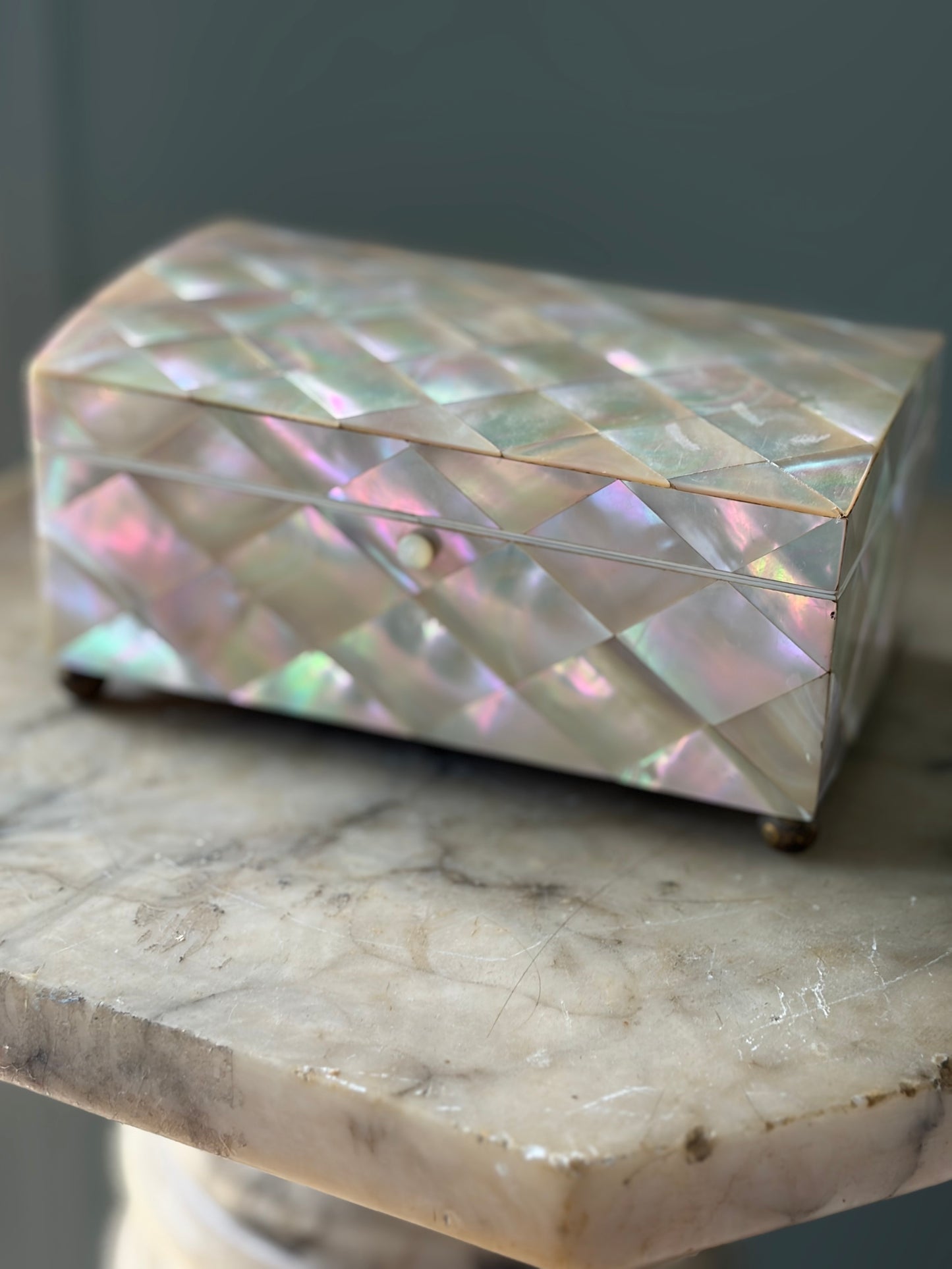 Antique French Mother-of-Pearl Box — Diamond-Quilted Nacre, Silk-Lined Interior, 19th Century